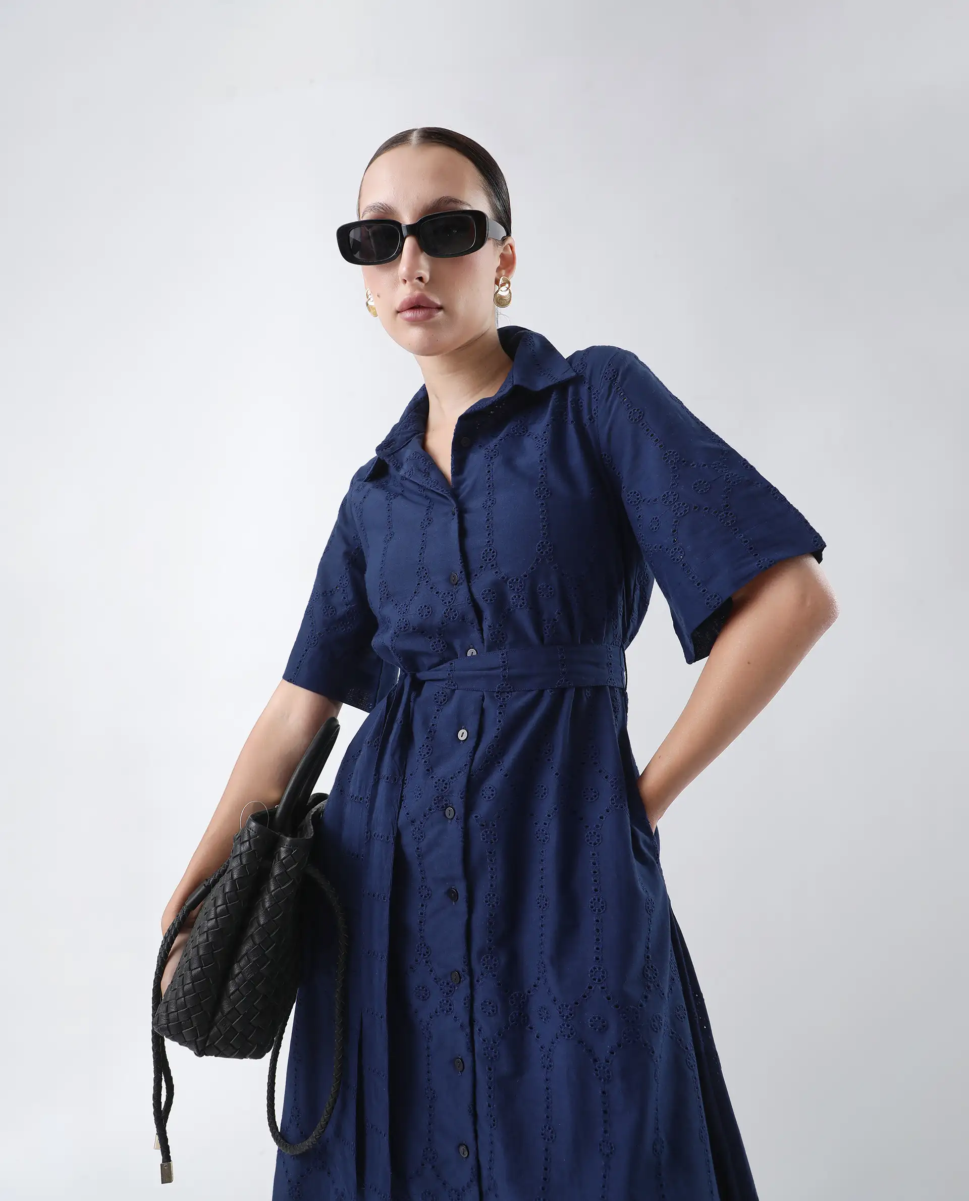 Rareism Women's Bhazlo Navy Polyester Spread Collar Plain Midi A-Line Dress - Image 2