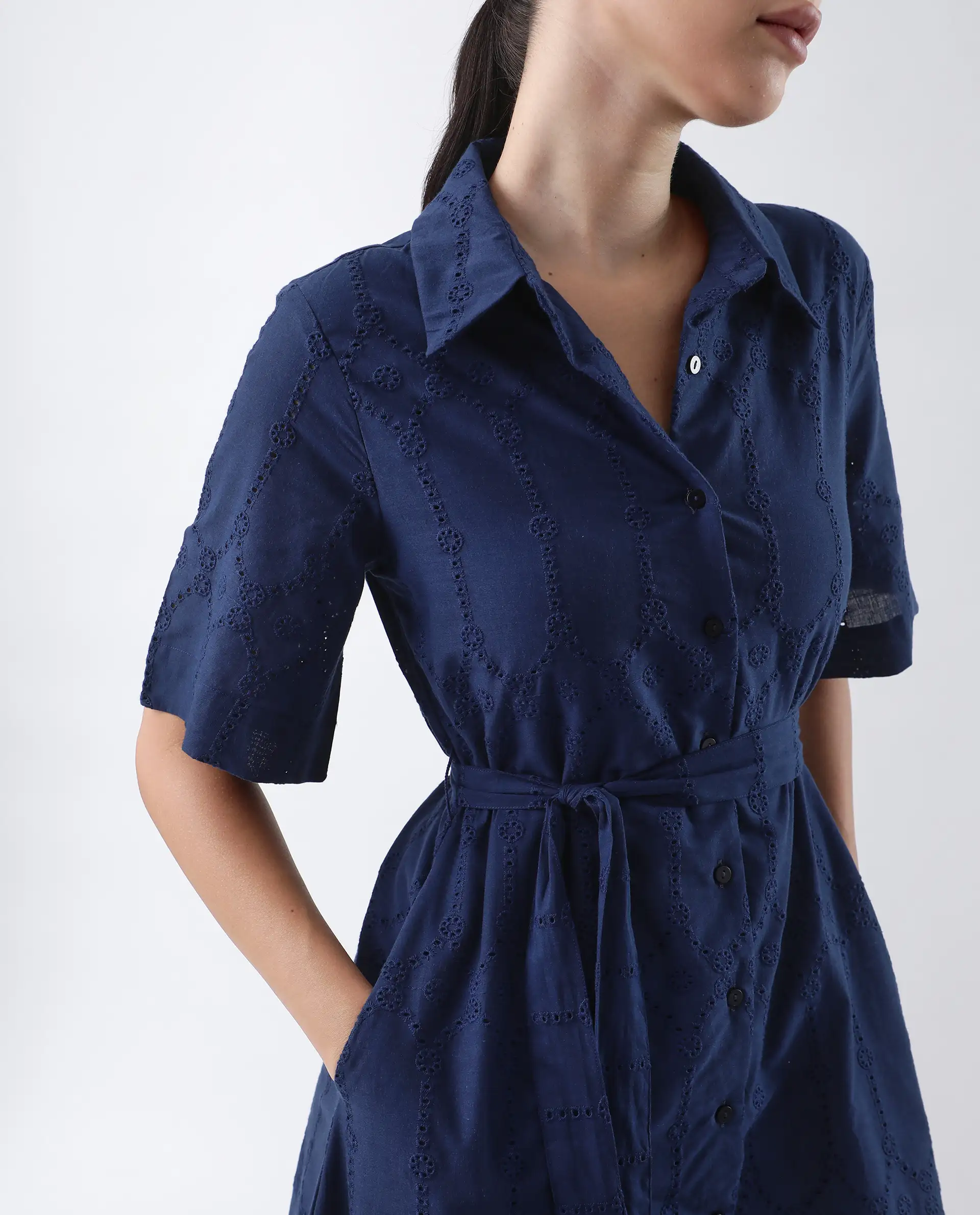 Rareism Women's Bhazlo Navy Polyester Spread Collar Plain Midi A-Line Dress - Image 3
