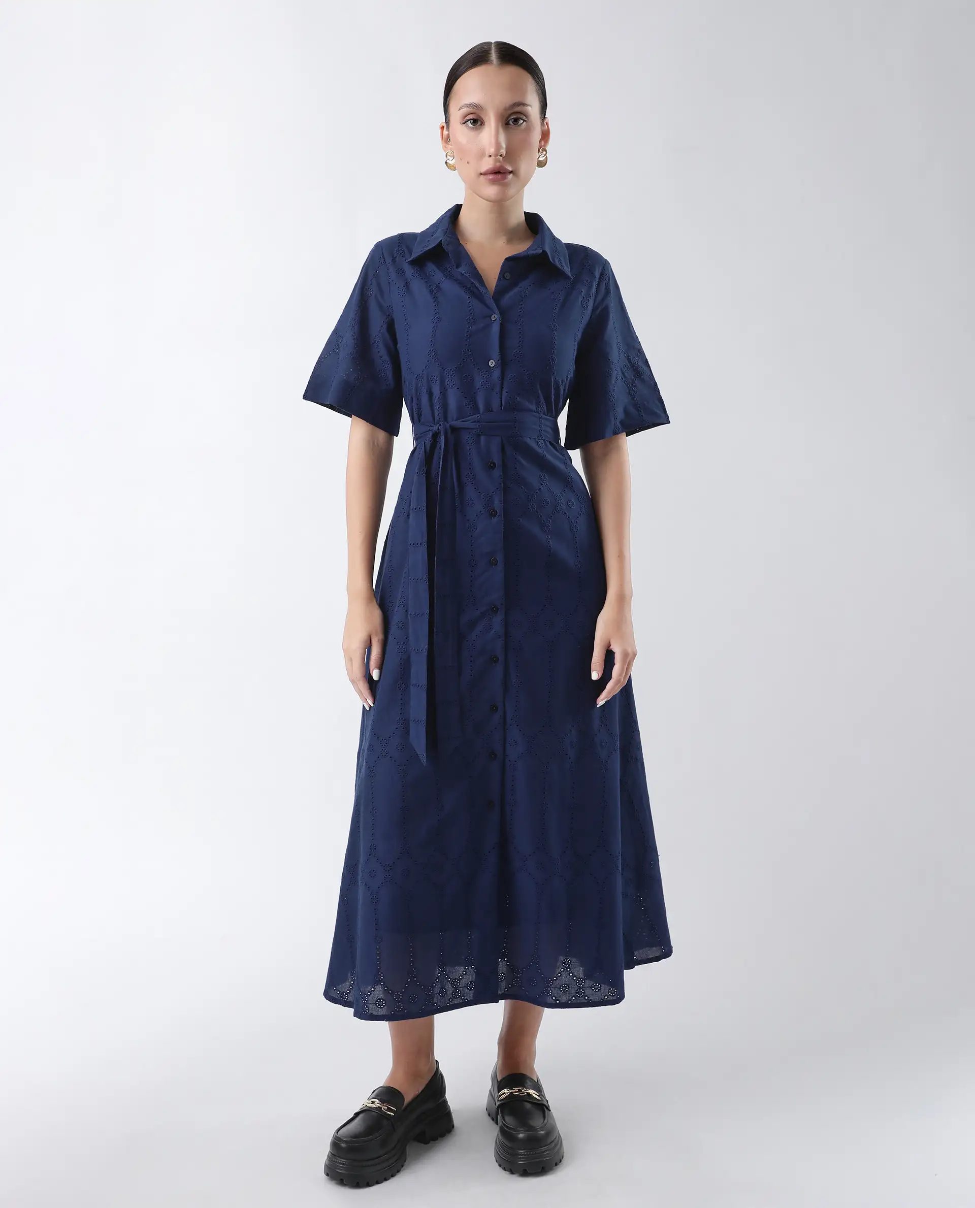 Rareism Women's Bhazlo Navy Polyester Spread Collar Plain Midi A-Line Dress - Image 5