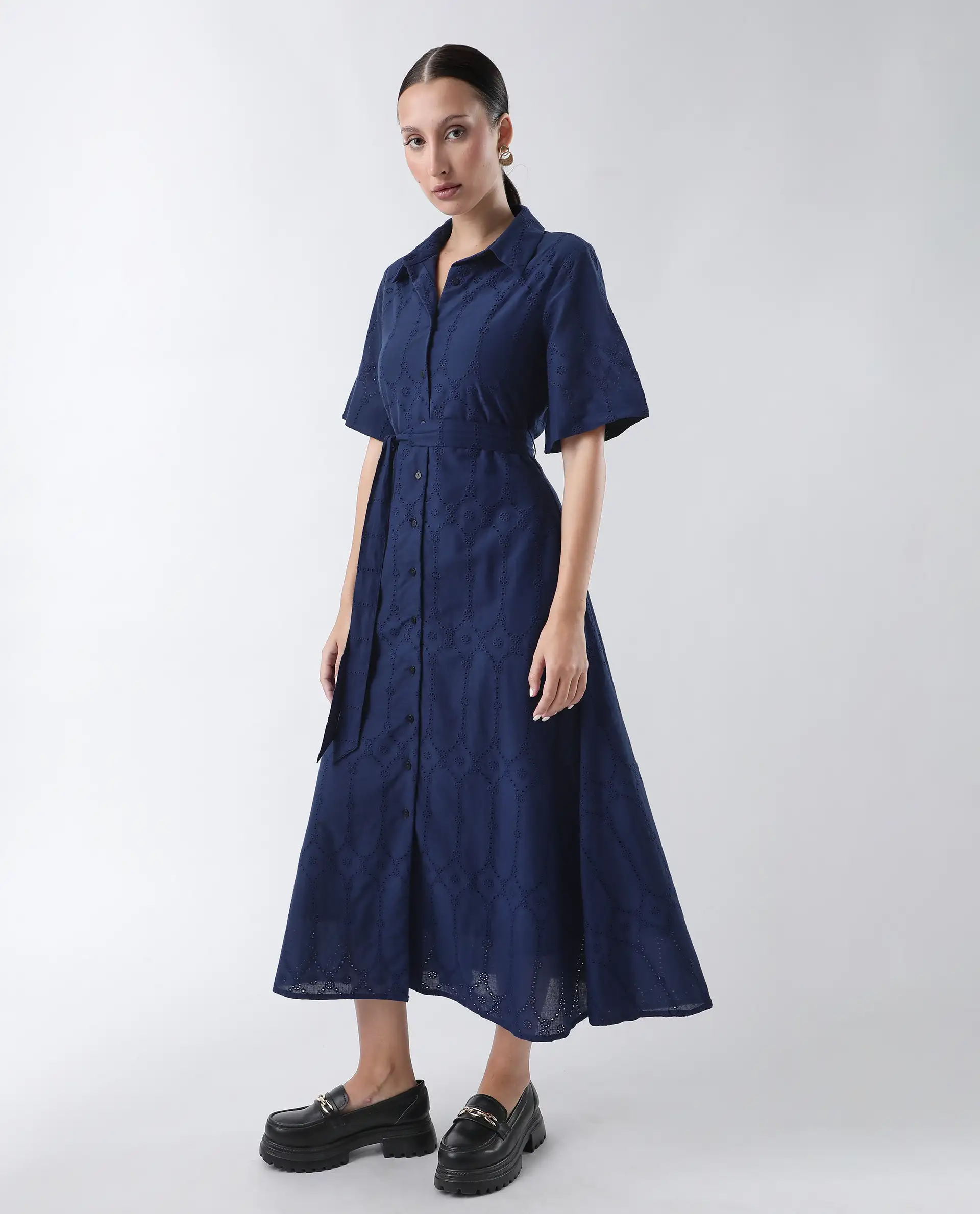 Rareism Women's Bhazlo Navy Polyester Spread Collar Plain Midi A-Line Dress - Image 6