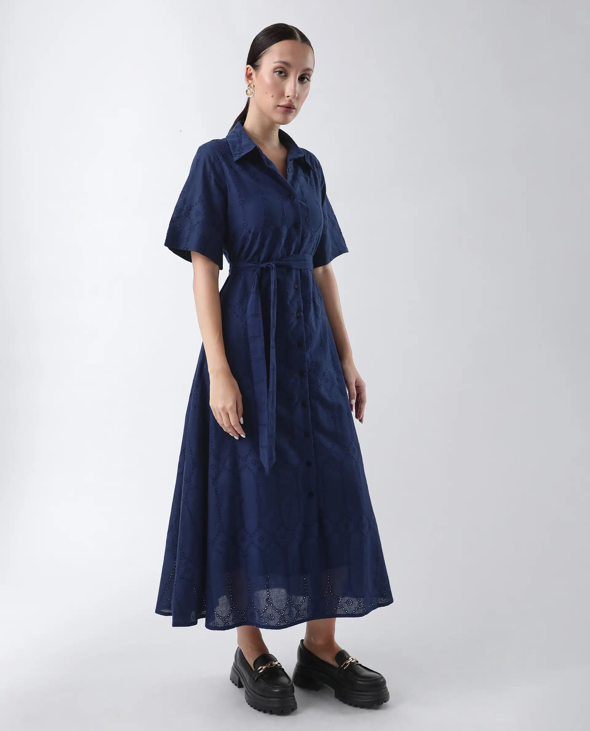 Rareism Women's Bhazlo Navy Polyester Spread Collar Plain Midi A-Line Dress - Image 7