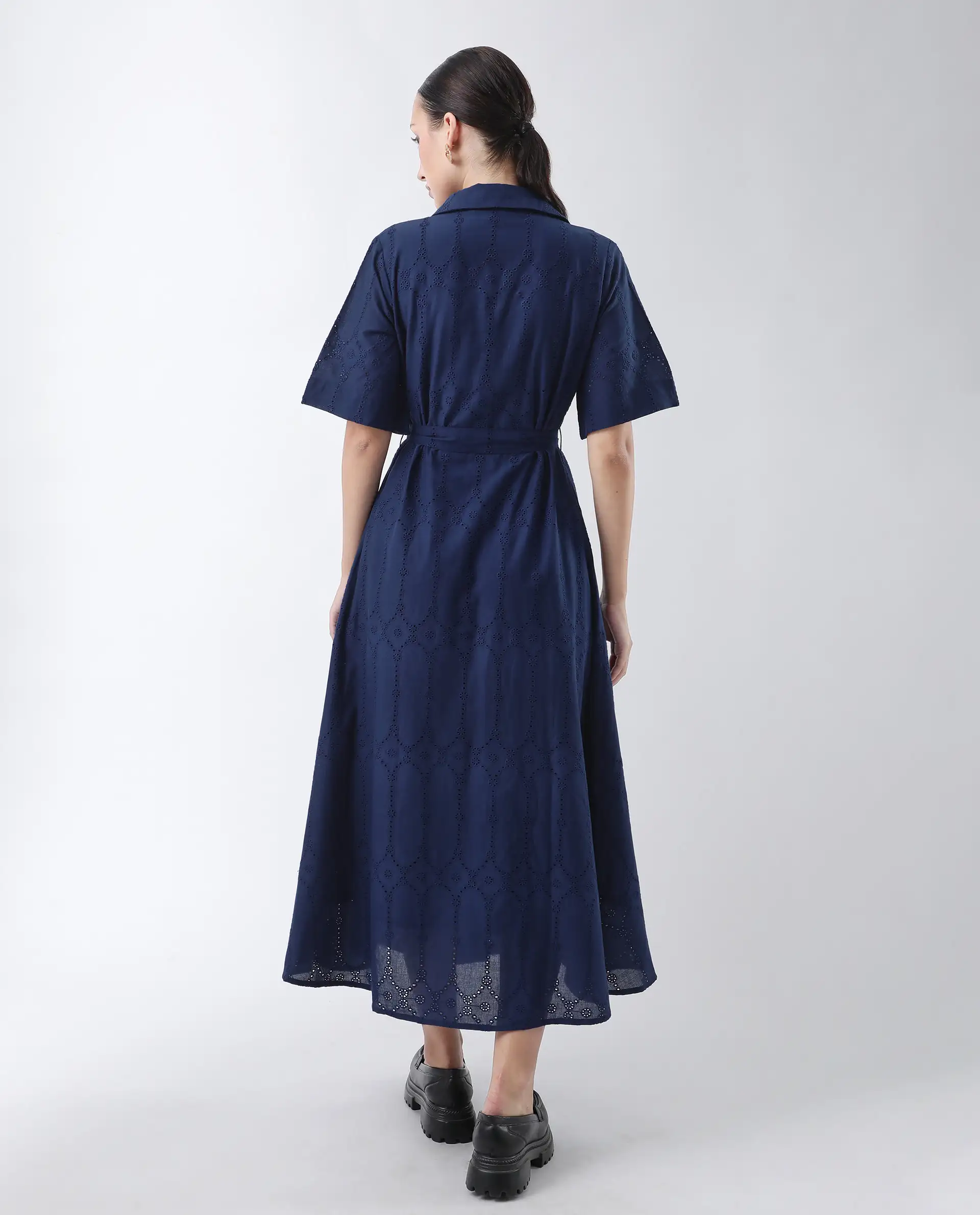 Rareism Women's Bhazlo Navy Polyester Spread Collar Plain Midi A-Line Dress - Image 8