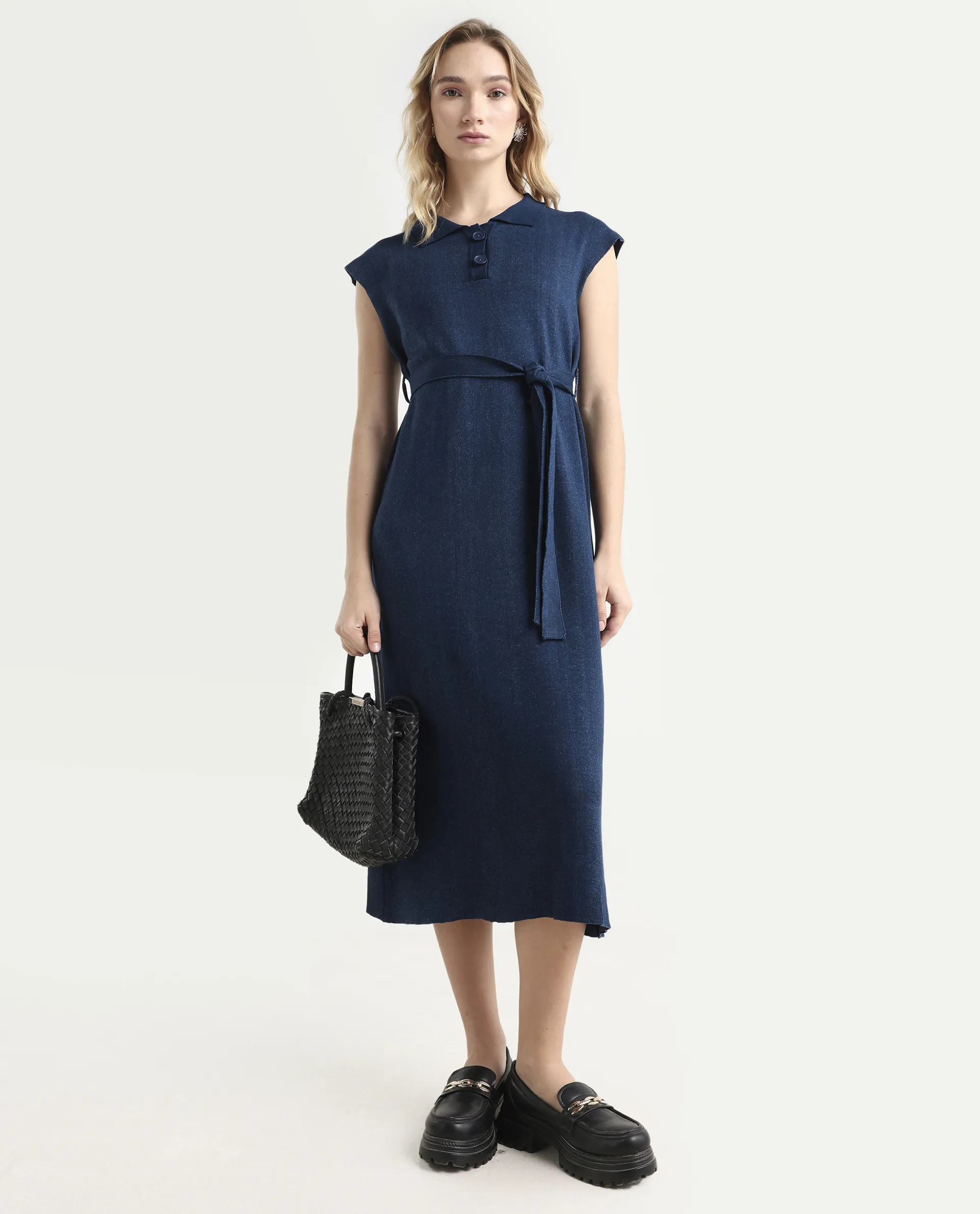 Rareism Women's Bhize Navy Cotton Spread Collar Plain Extended Sleeves Midi Straight Fit Dress