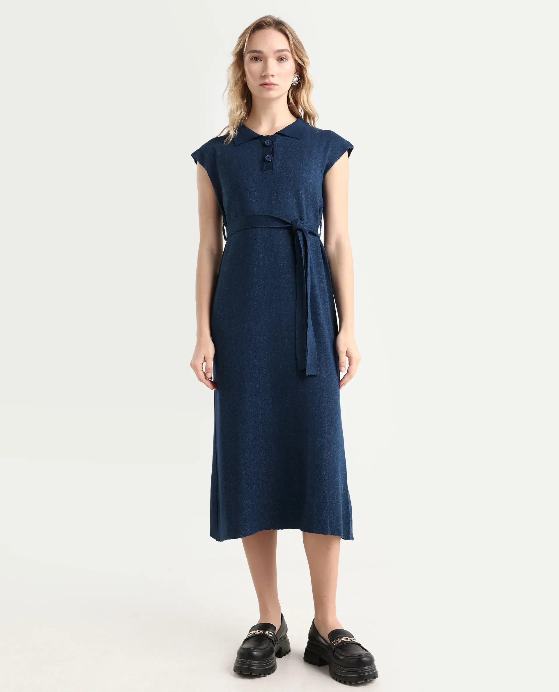 Rareism Women's Bhize Navy Cotton Spread Collar Plain Extended Sleeves Midi Straight Fit Dress - Image 2