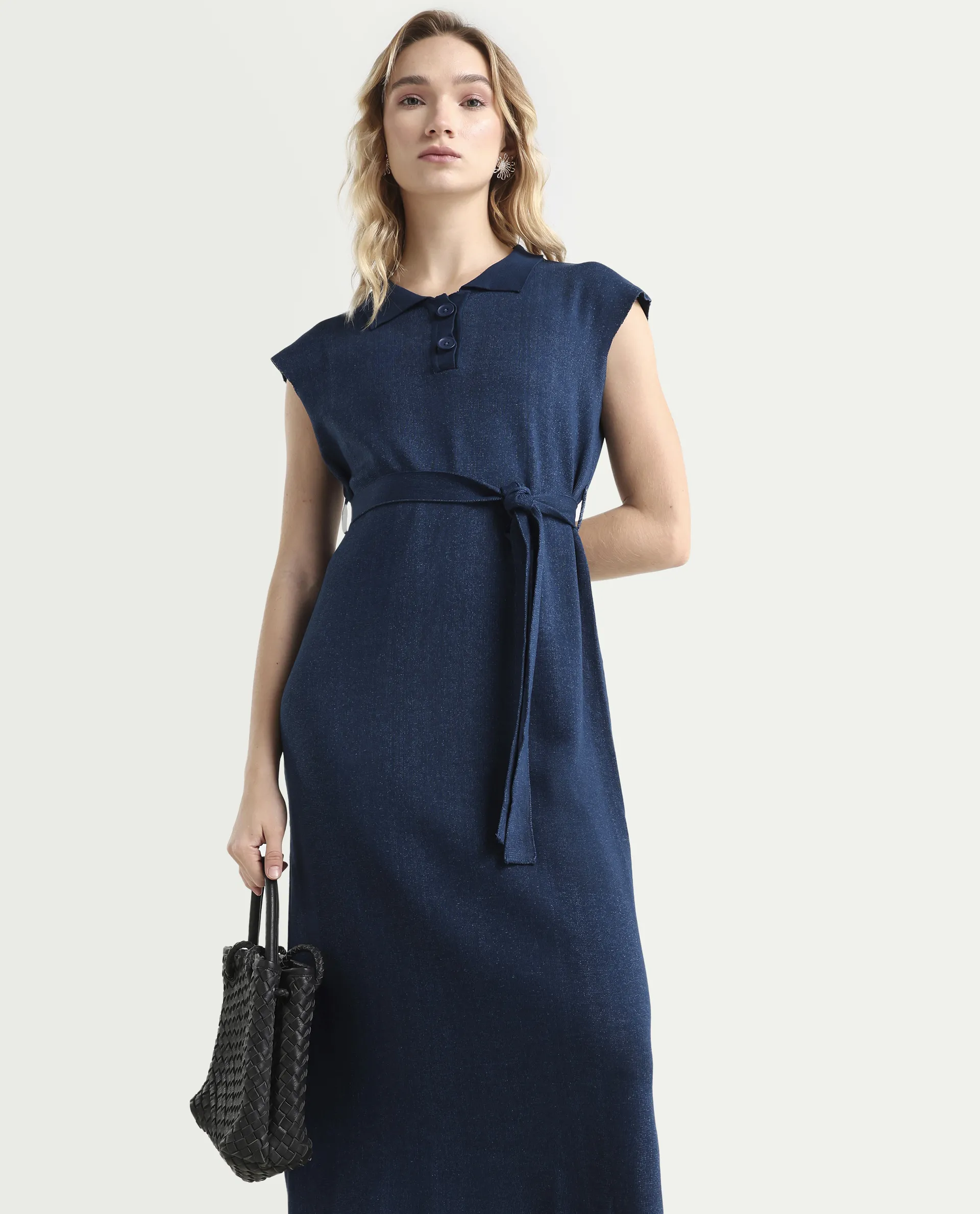 Rareism Women's Bhize Navy Cotton Spread Collar Plain Extended Sleeves Midi Straight Fit Dress - Image 3