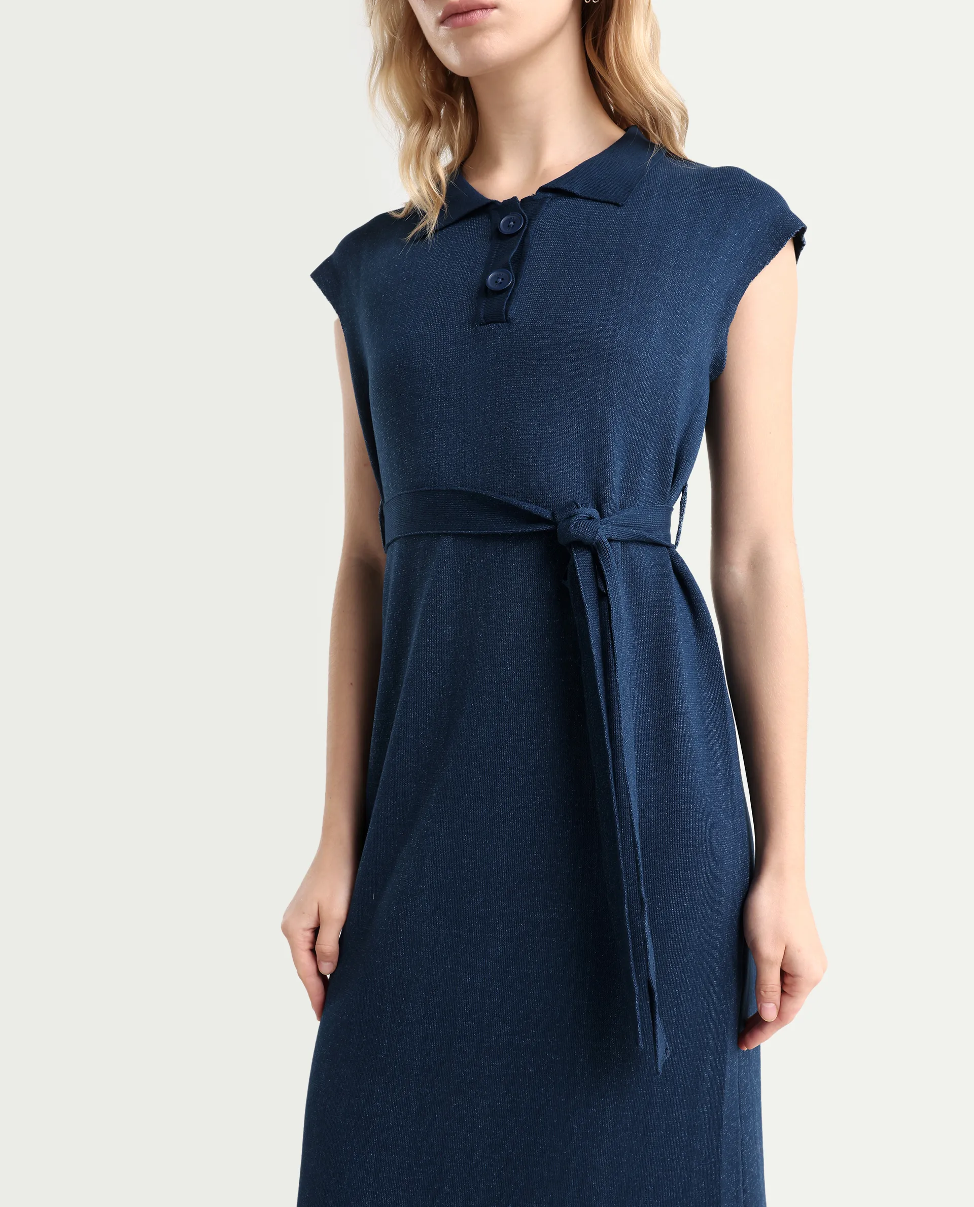 Rareism Women's Bhize Navy Cotton Spread Collar Plain Extended Sleeves Midi Straight Fit Dress - Image 4