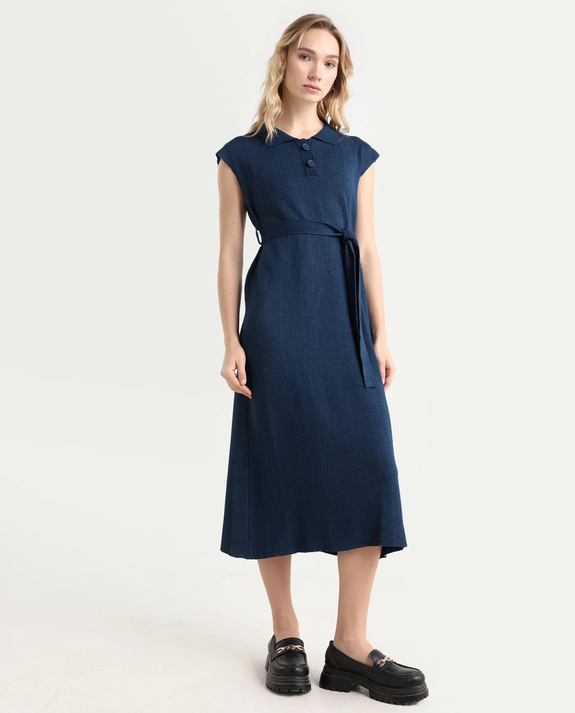 Rareism Women's Bhize Navy Cotton Spread Collar Plain Extended Sleeves Midi Straight Fit Dress - Image 6