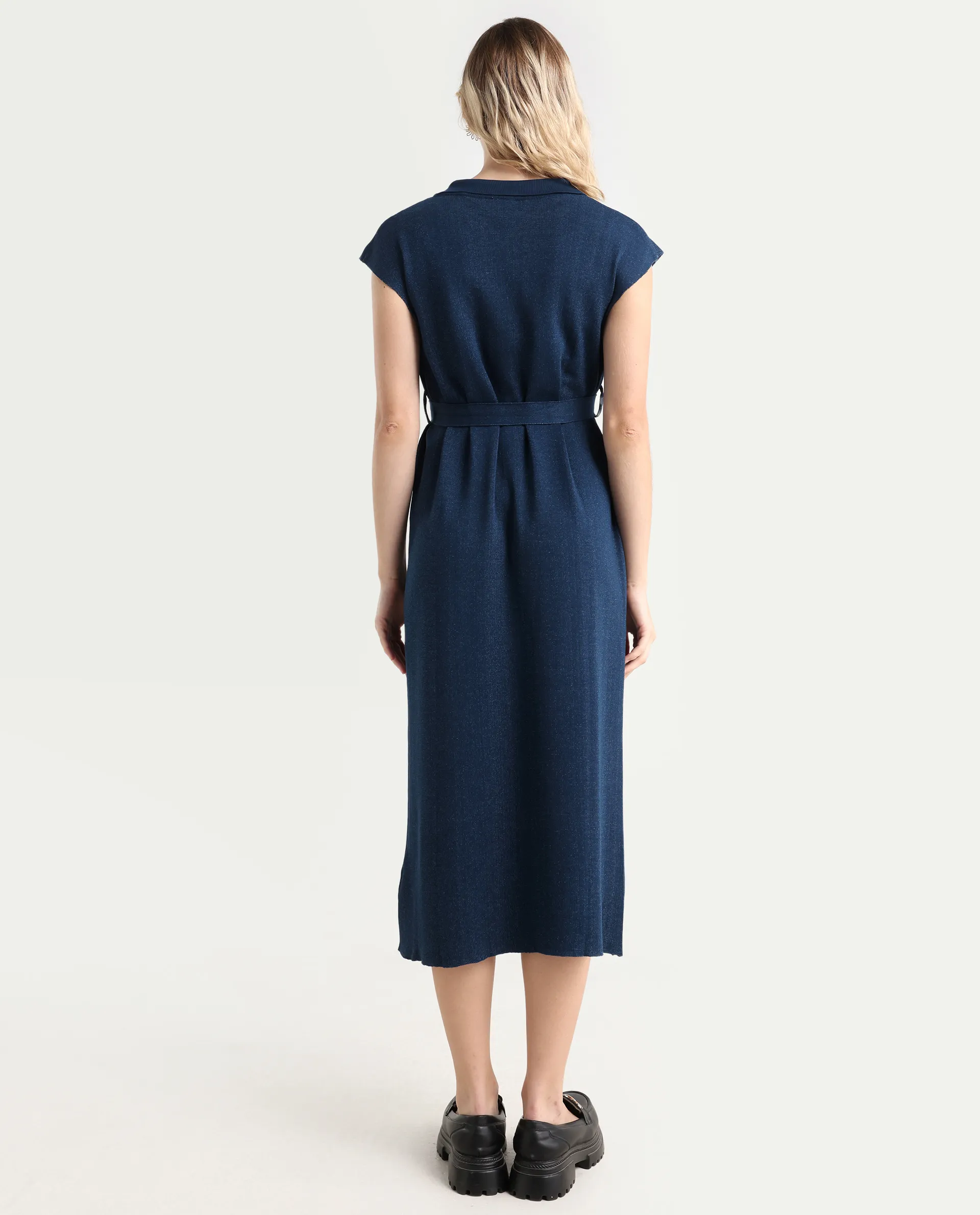 Rareism Women's Bhize Navy Cotton Spread Collar Plain Extended Sleeves Midi Straight Fit Dress - Image 7