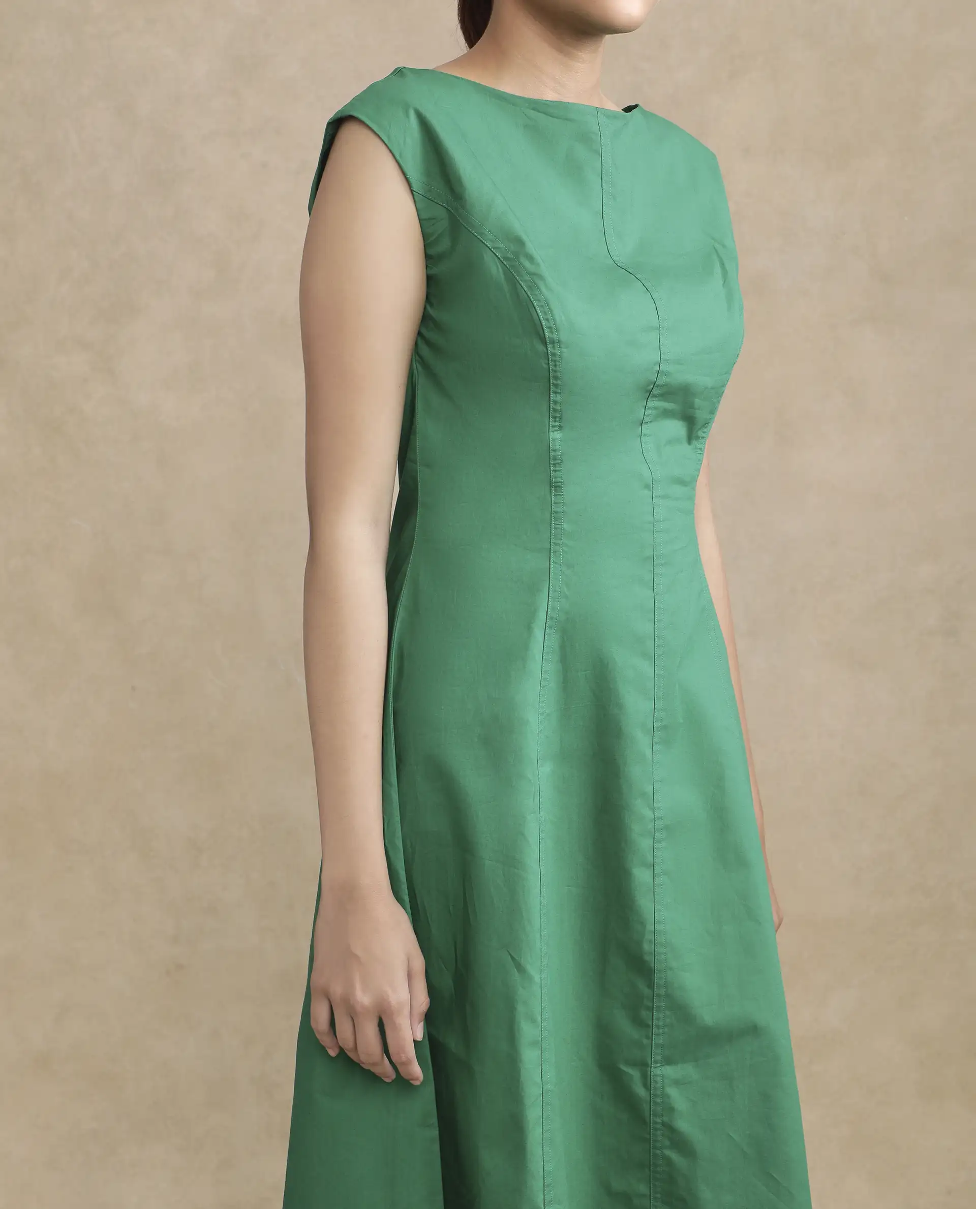 Rareism Women's Bhlaski Green Cotton Round Neck Plain Sleeveless Knee Length Straight Fit Dress - Image 2