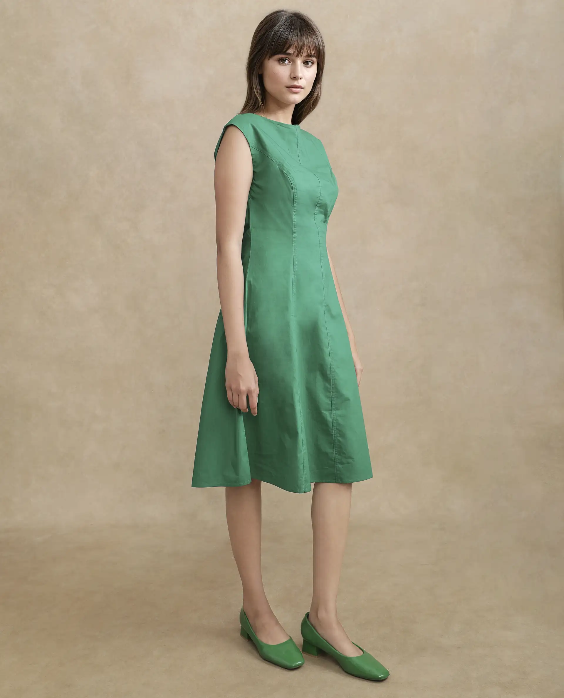 Rareism Women's Bhlaski Green Cotton Round Neck Plain Sleeveless Knee Length Straight Fit Dress - Image 4