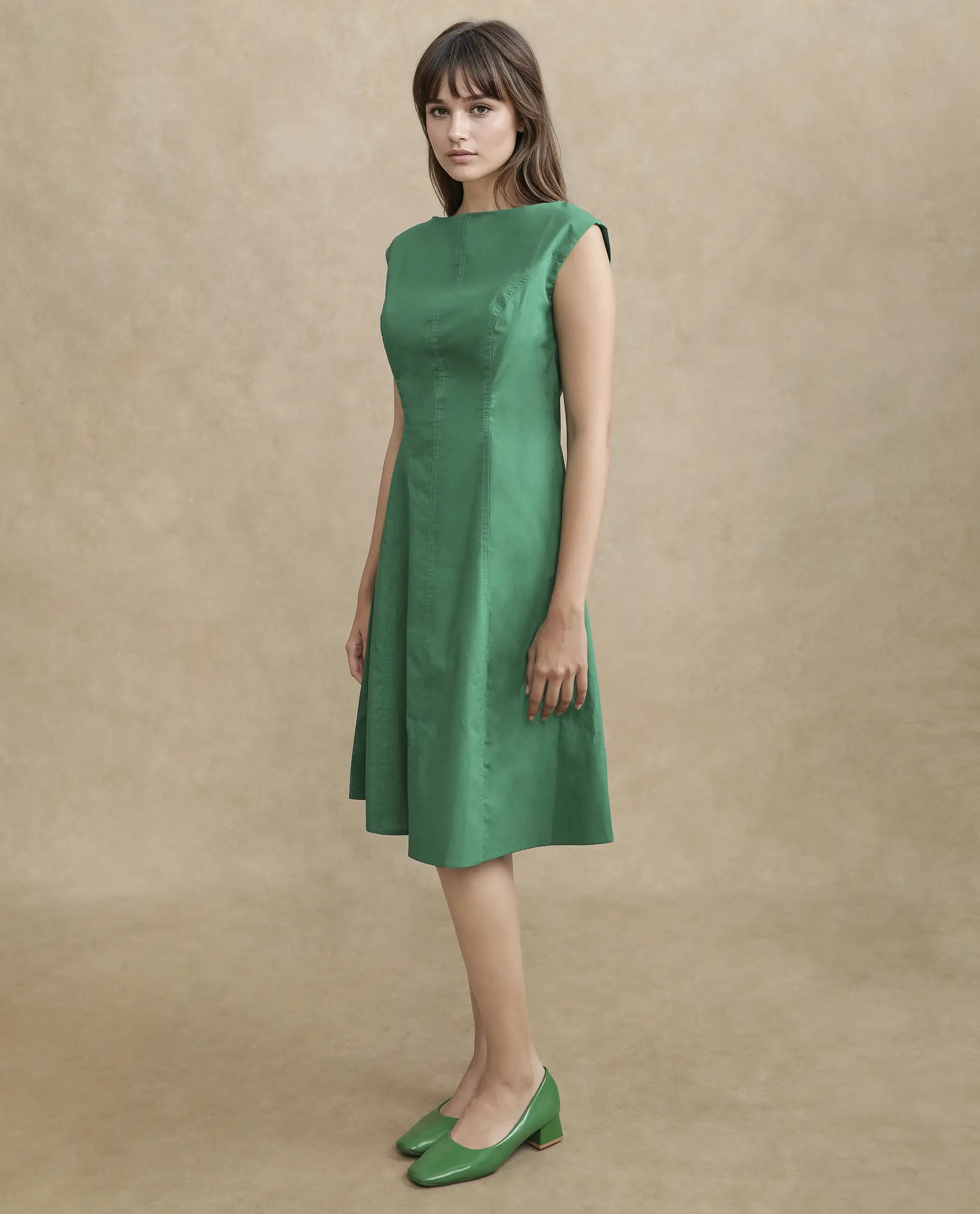 Rareism Women's Bhlaski Green Cotton Round Neck Plain Sleeveless Knee Length Straight Fit Dress - Image 5