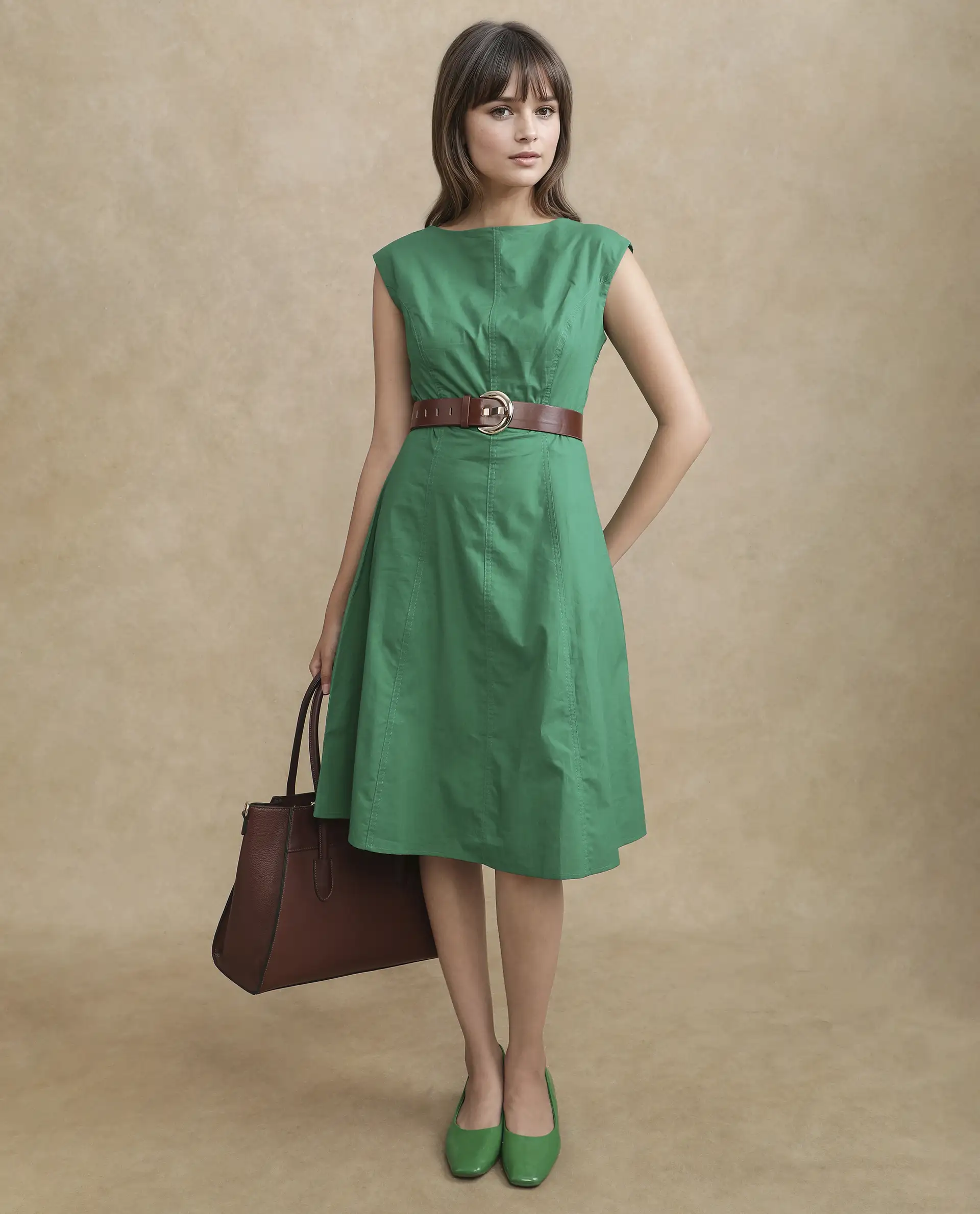 Rareism Women's Bhlaski Green Cotton Round Neck Plain Sleeveless Knee Length Straight Fit Dress - Image 6