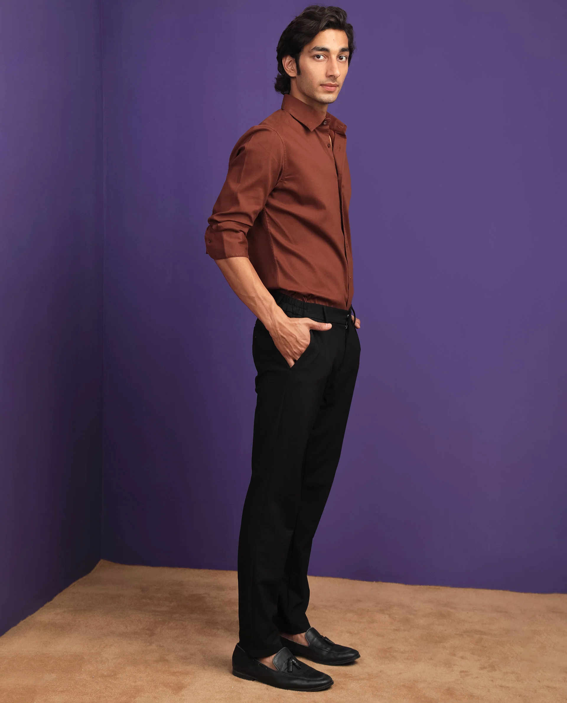 Rare Rabbit Men's Bicton Brown Cotton Plain Regular Fit Full Sleeve Collared Shirt - Image 2