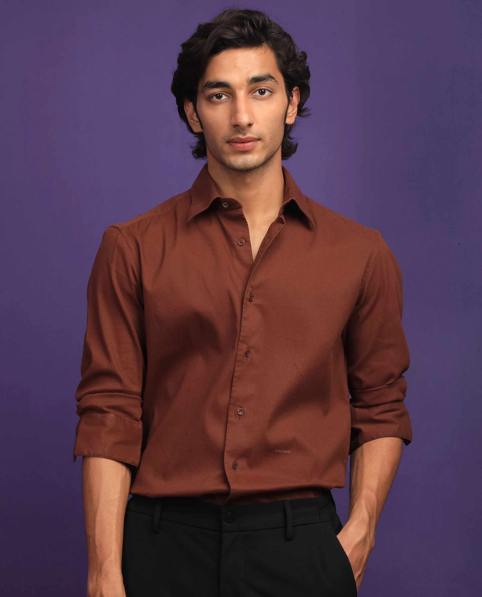 Rare Rabbit Men's Bicton Brown Cotton Plain Regular Fit Full Sleeve Collared Shirt - Image 4