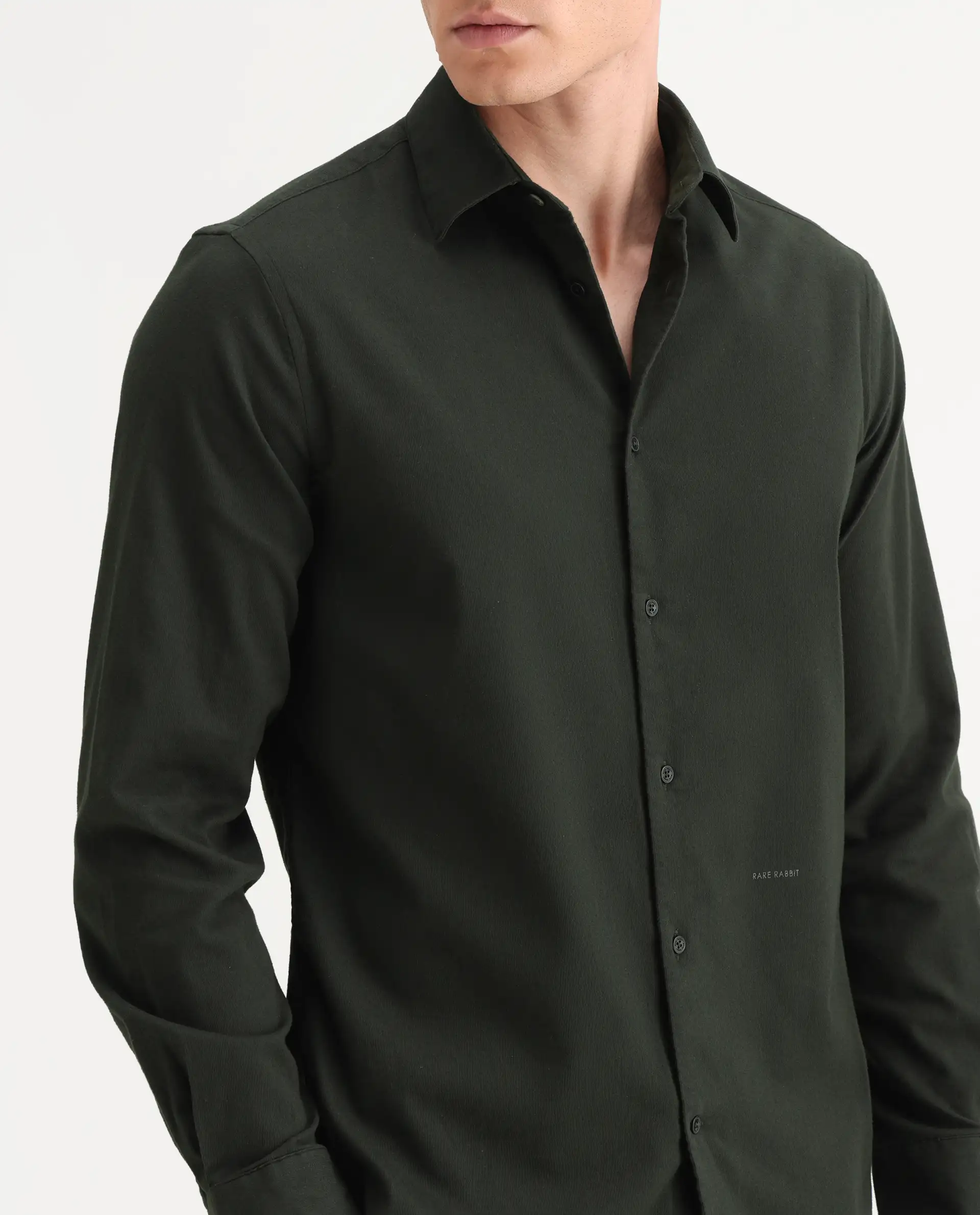 Rare Rabbit Men's Bicton Dark Green Cotton Plain Regular Fit Full Sleeve Collared Shirt - Image 3