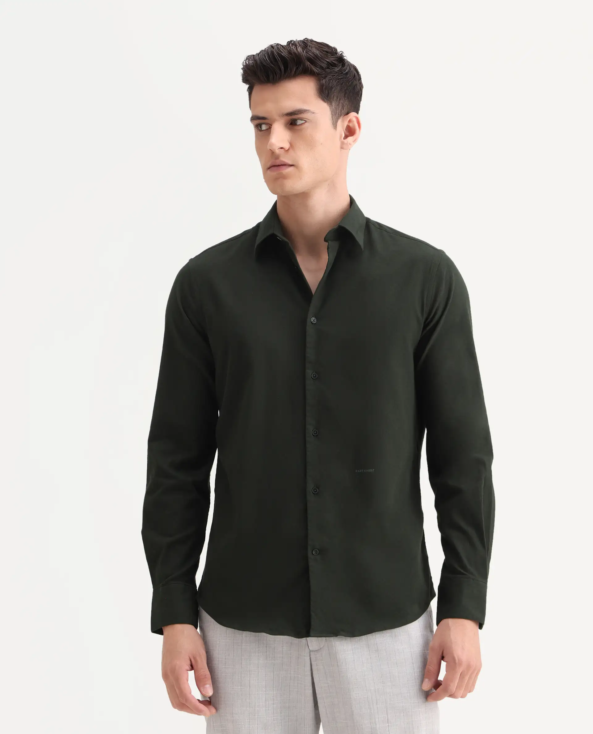 Rare Rabbit Men's Bicton Dark Green Cotton Plain Regular Fit Full Sleeve Collared Shirt - Image 4