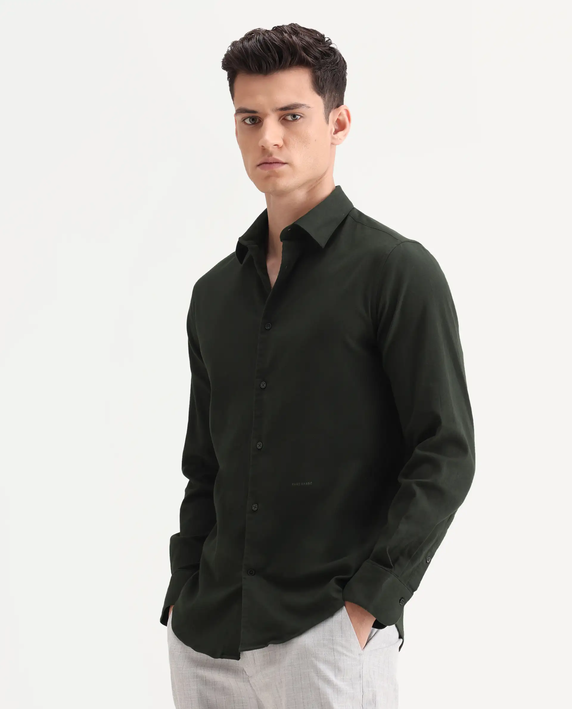 Rare Rabbit Men's Bicton Dark Green Cotton Plain Regular Fit Full Sleeve Collared Shirt - Image 5