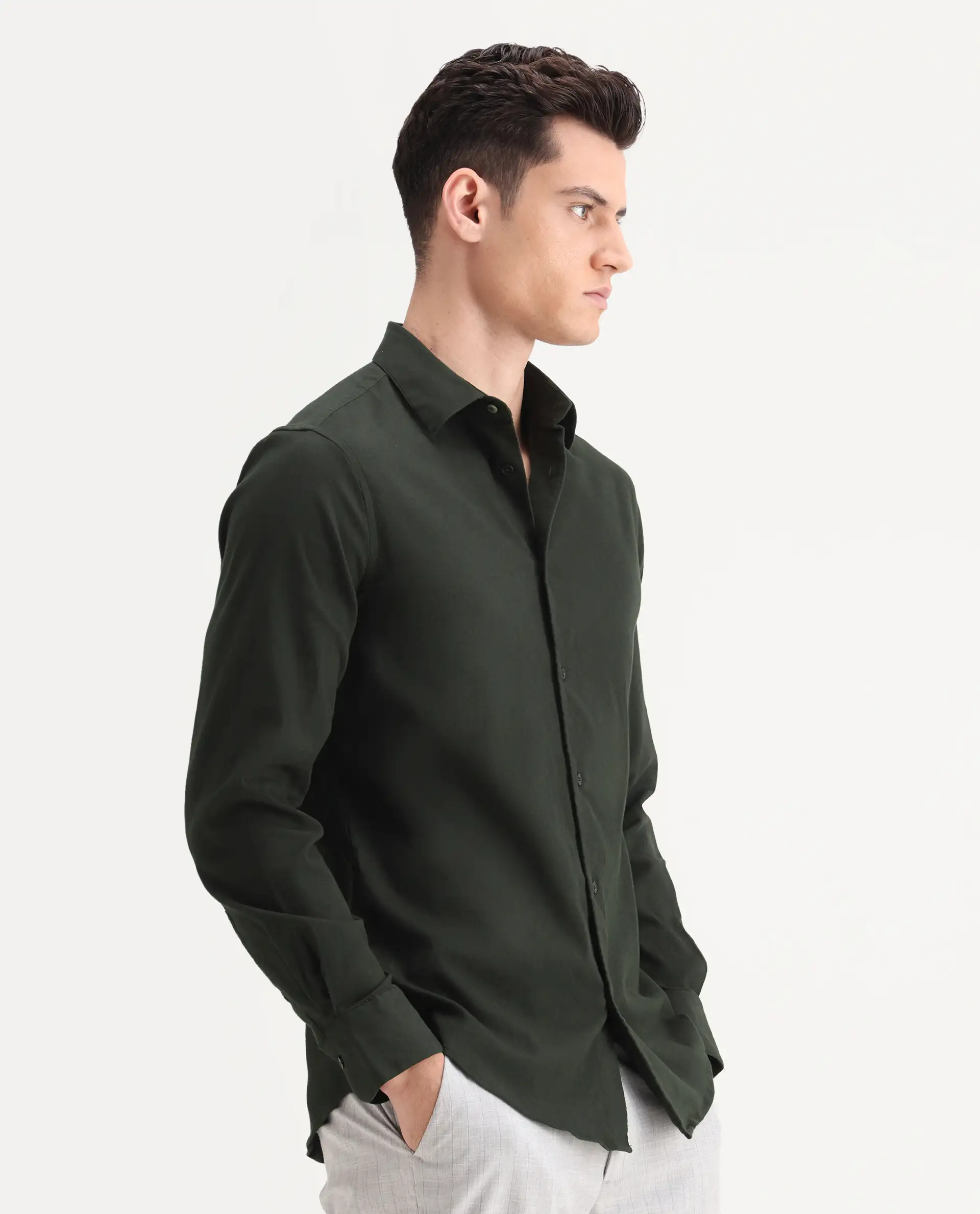 Rare Rabbit Men's Bicton Dark Green Cotton Plain Regular Fit Full Sleeve Collared Shirt - Image 6