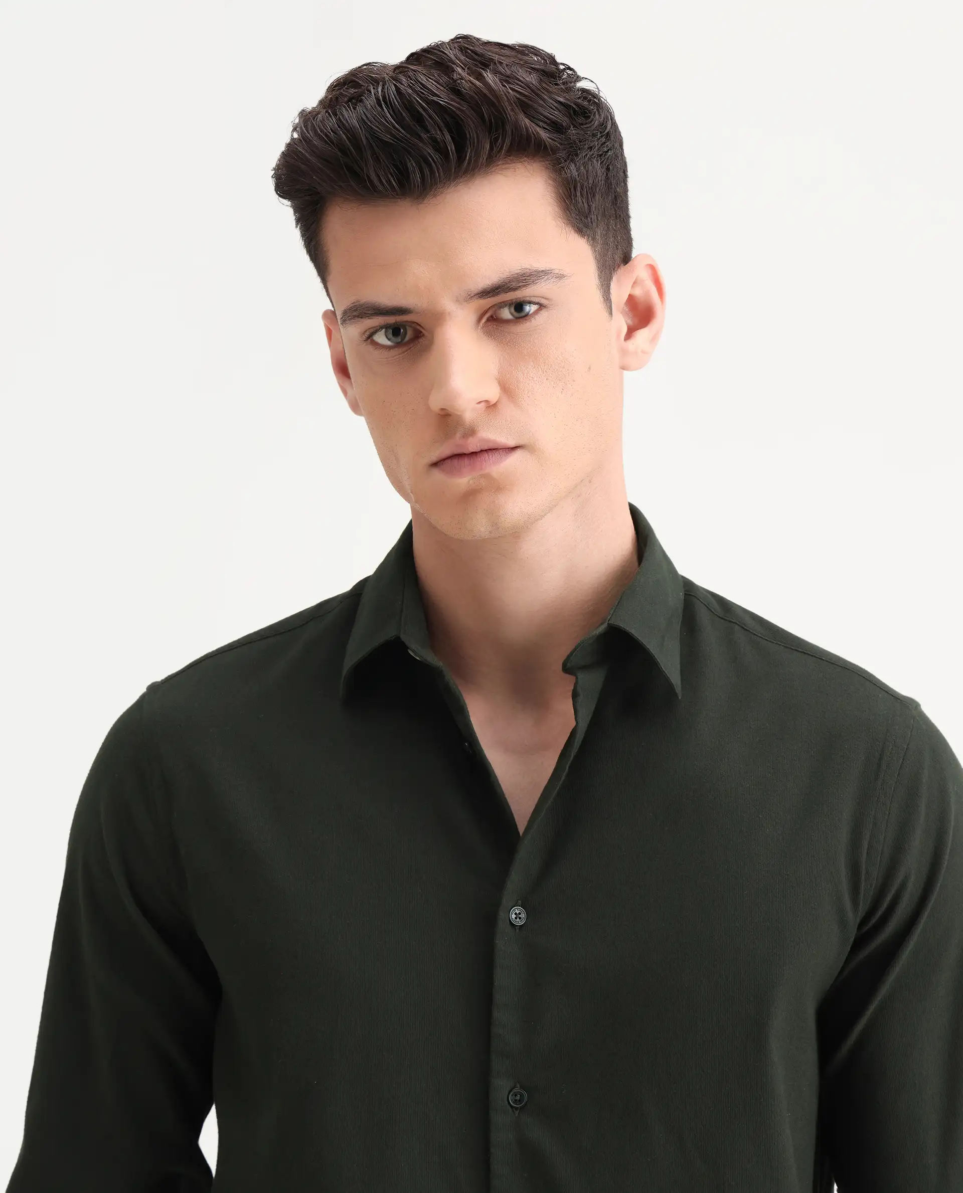 Rare Rabbit Men's Bicton Dark Green Cotton Plain Regular Fit Full Sleeve Collared Shirt - Image 7