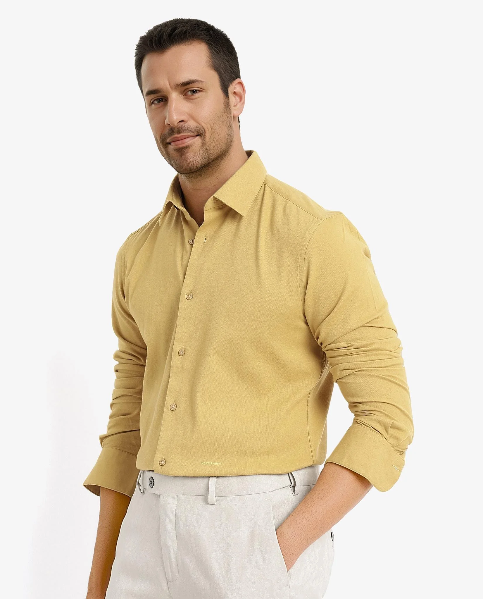 Rare Rabbit Men's Bicton Mustard Cotton Plain Regular Fit Full Sleeve Collared Shirt - Image 5