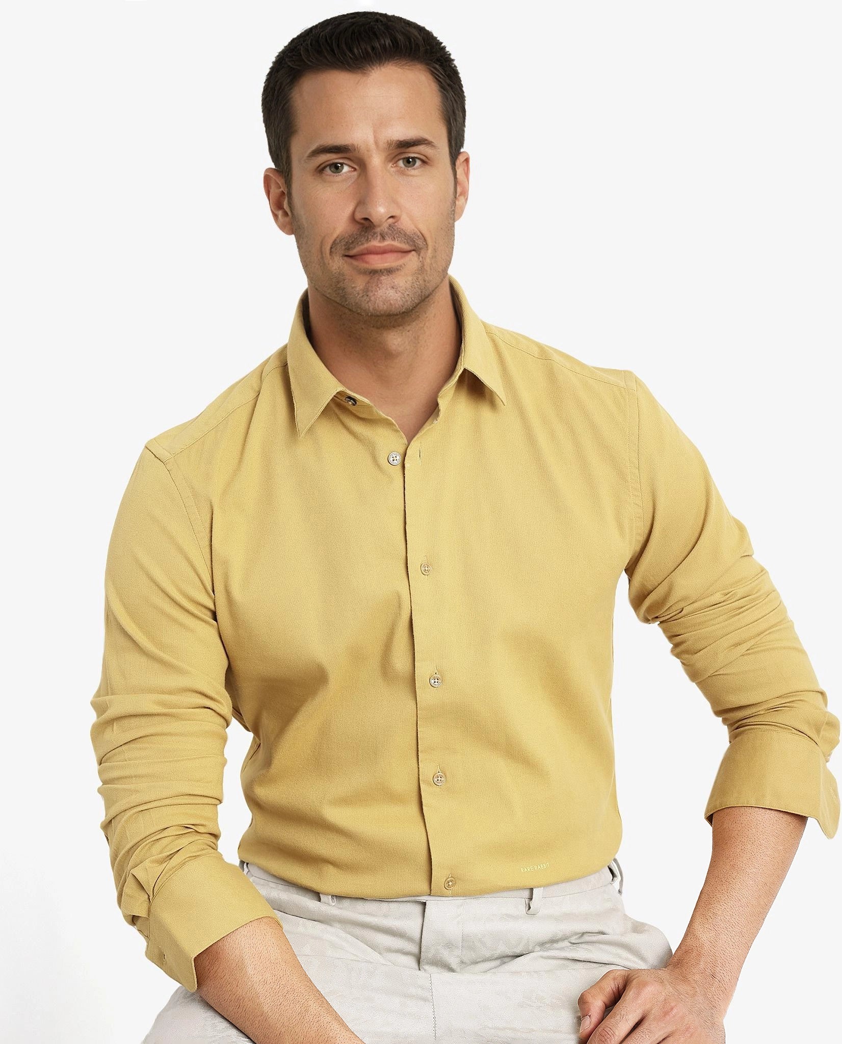 Rare Rabbit Men's Bicton Mustard Cotton Plain Regular Fit Full Sleeve Collared Shirt - Image 8