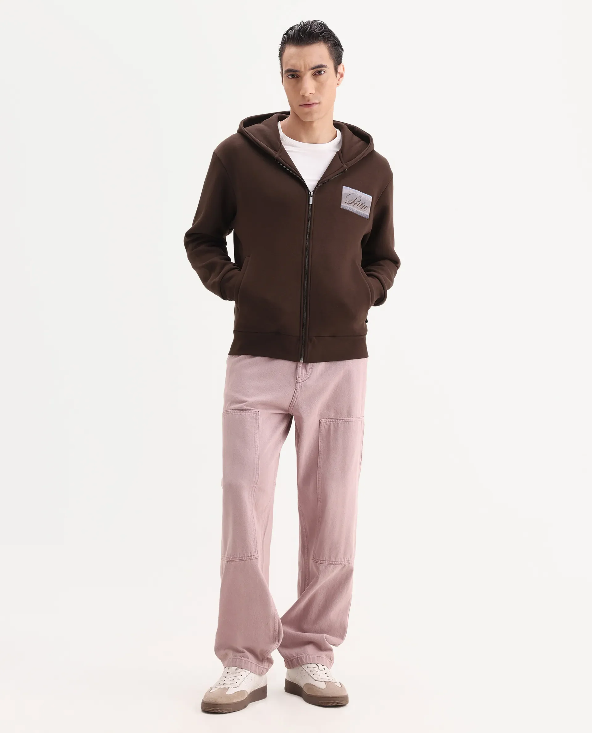 Rare Rabbit Men's Bien Dark Brown Cotton Blend Fabric Full Sleeves Hooded Zipper Closure Label Print Sweatshirt - Image 2