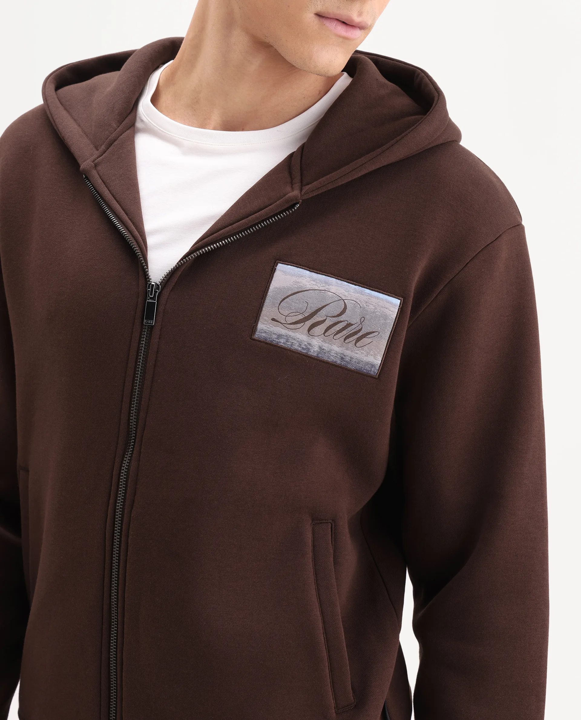 Rare Rabbit Men's Bien Dark Brown Cotton Blend Fabric Full Sleeves Hooded Zipper Closure Label Print Sweatshirt - Image 3
