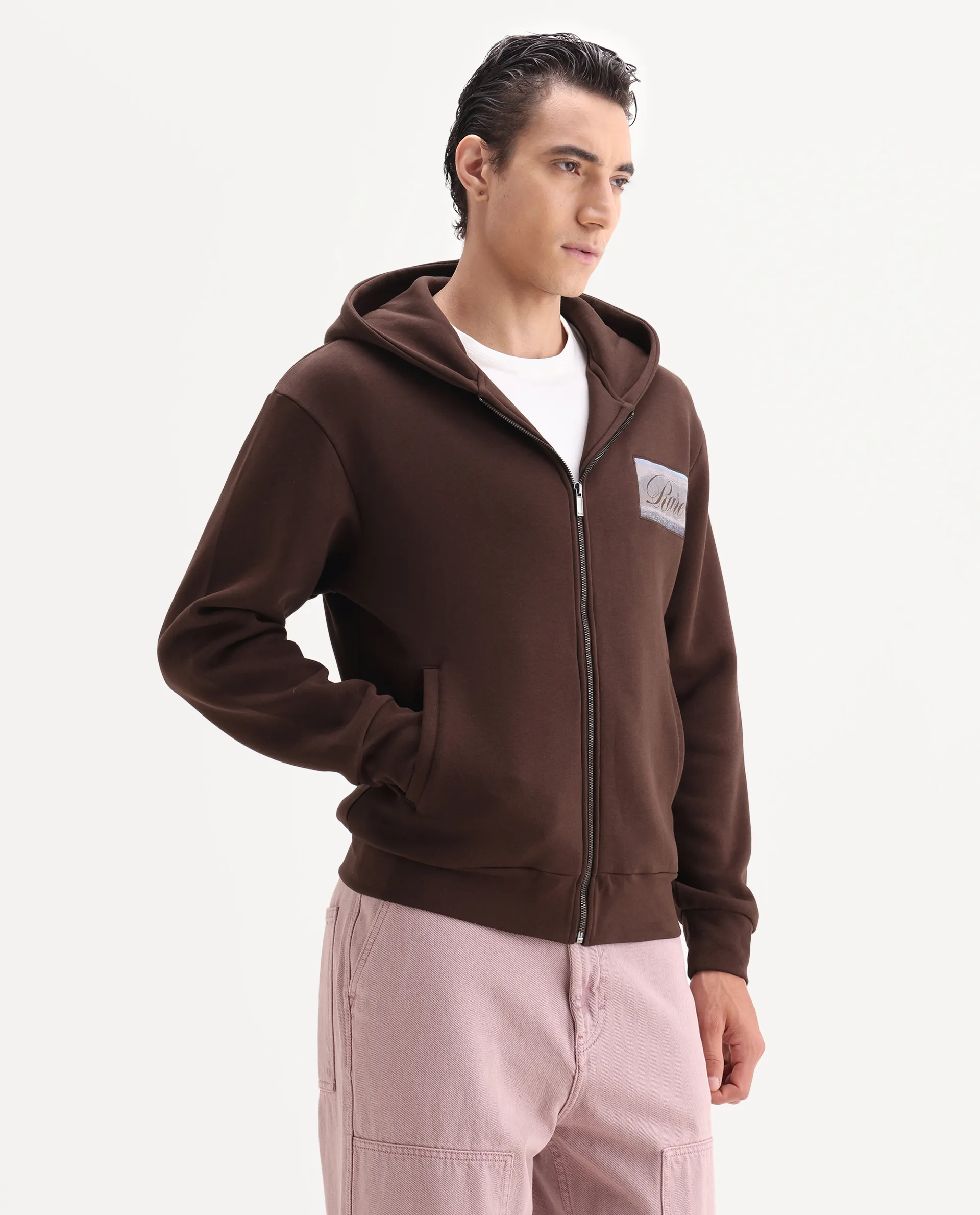 Rare Rabbit Men's Bien Dark Brown Cotton Blend Fabric Full Sleeves Hooded Zipper Closure Label Print Sweatshirt - Image 4