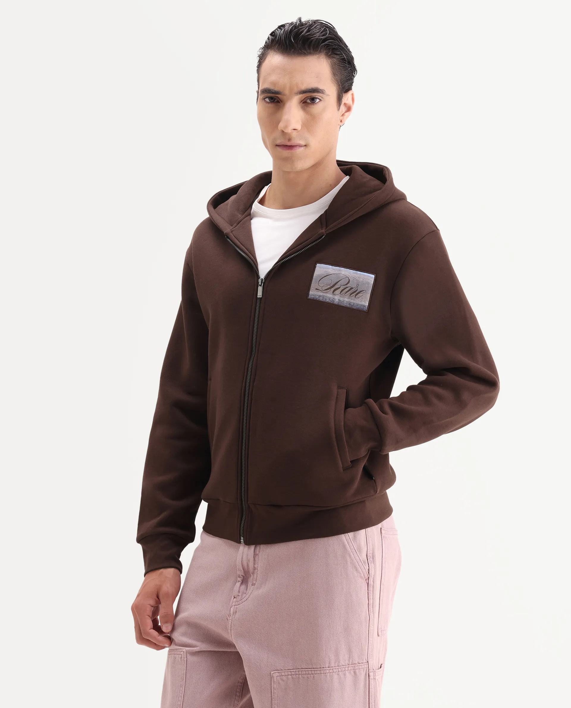 Rare Rabbit Men's Bien Dark Brown Cotton Blend Fabric Full Sleeves Hooded Zipper Closure Label Print Sweatshirt - Image 5