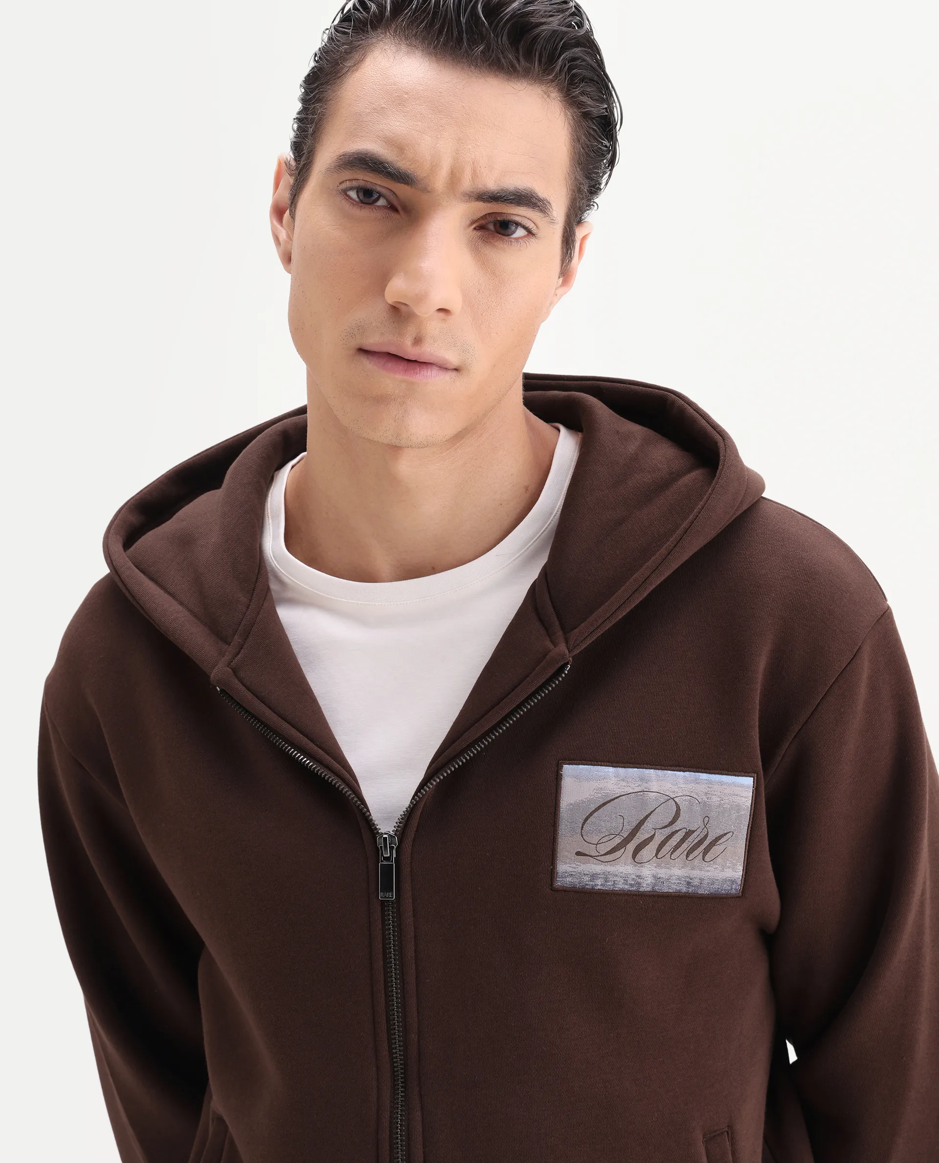 Rare Rabbit Men's Bien Dark Brown Cotton Blend Fabric Full Sleeves Hooded Zipper Closure Label Print Sweatshirt - Image 6