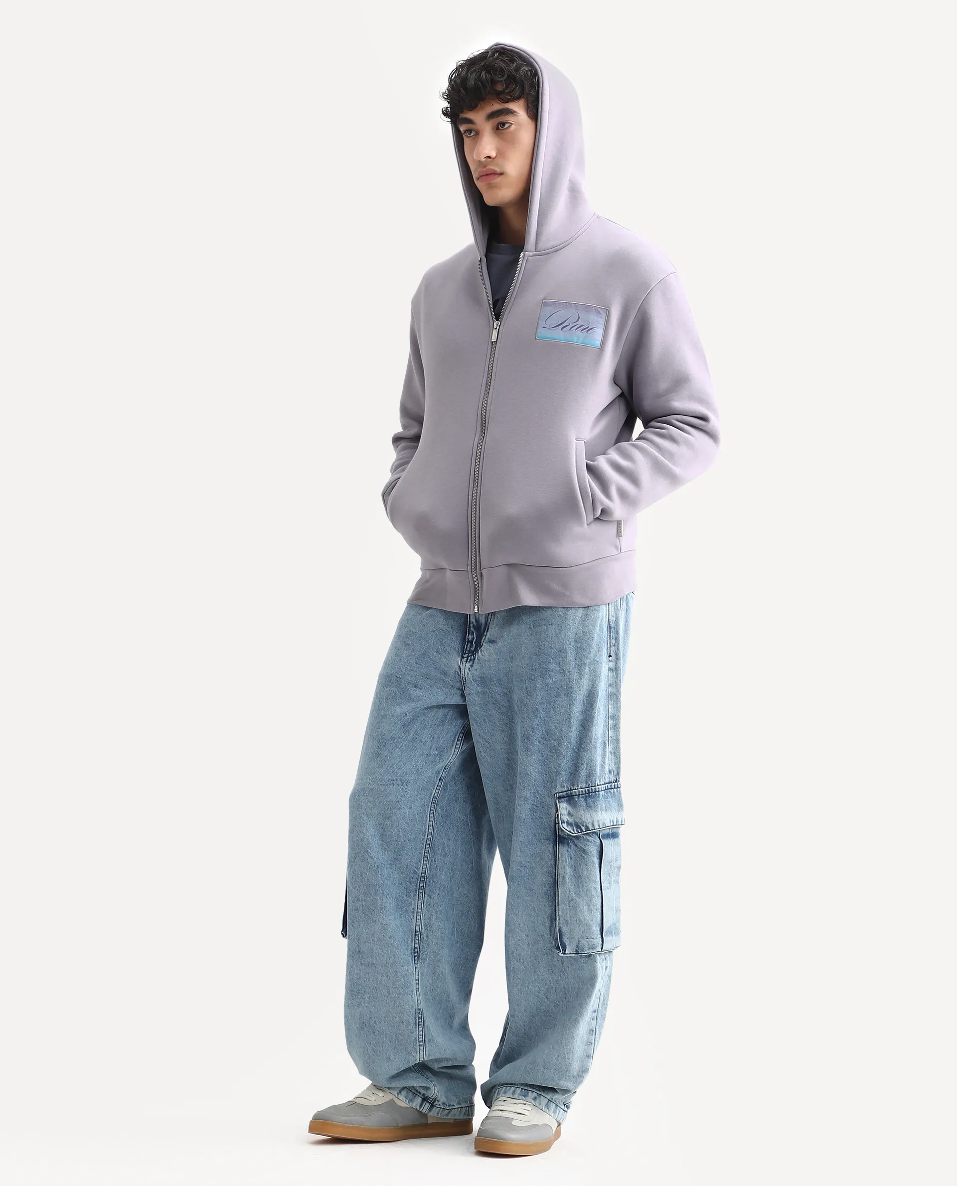 Rare Rabbit Men's Bien Dusky Purple Cotton Blend Fabric Full Sleeves Hooded Zipper Closure Label Print Sweatshirt - Image 2