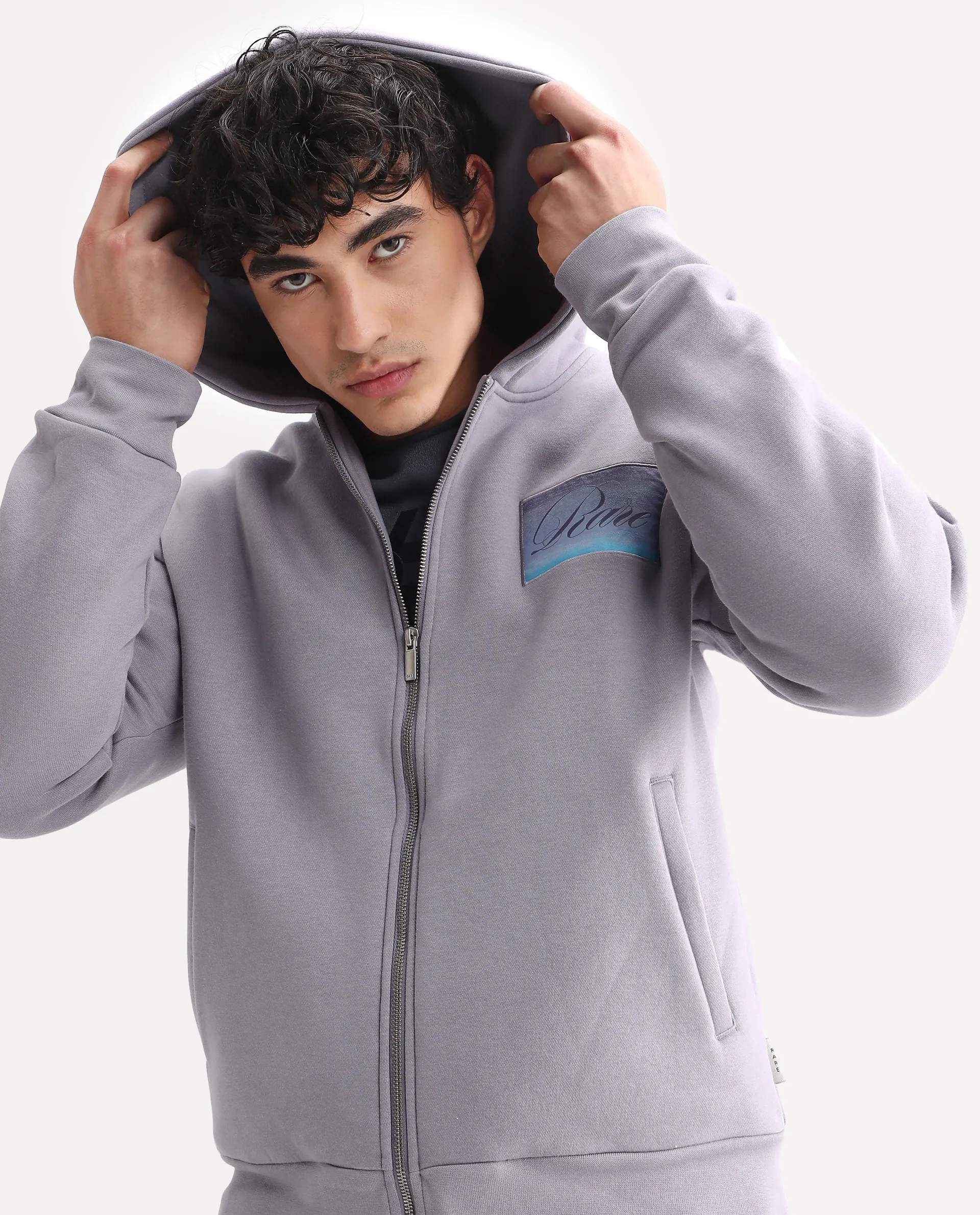 Rare Rabbit Men's Bien Dusky Purple Cotton Blend Fabric Full Sleeves Hooded Zipper Closure Label Print Sweatshirt - Image 3