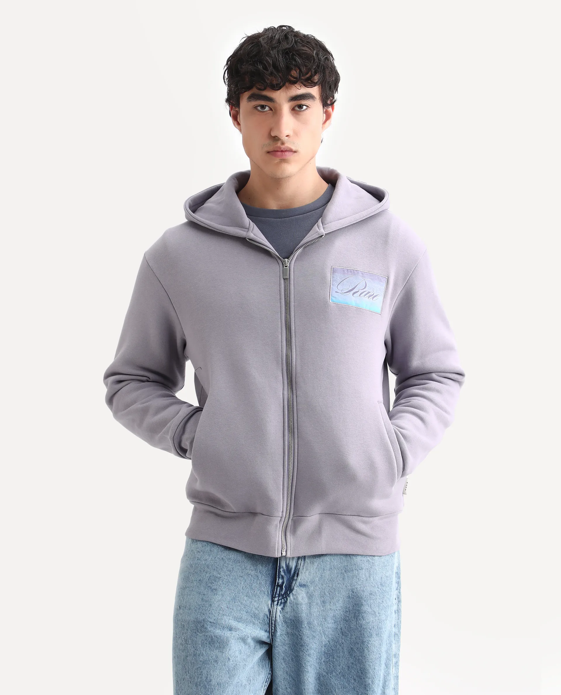 Rare Rabbit Men's Bien Dusky Purple Cotton Blend Fabric Full Sleeves Hooded Zipper Closure Label Print Sweatshirt - Image 4