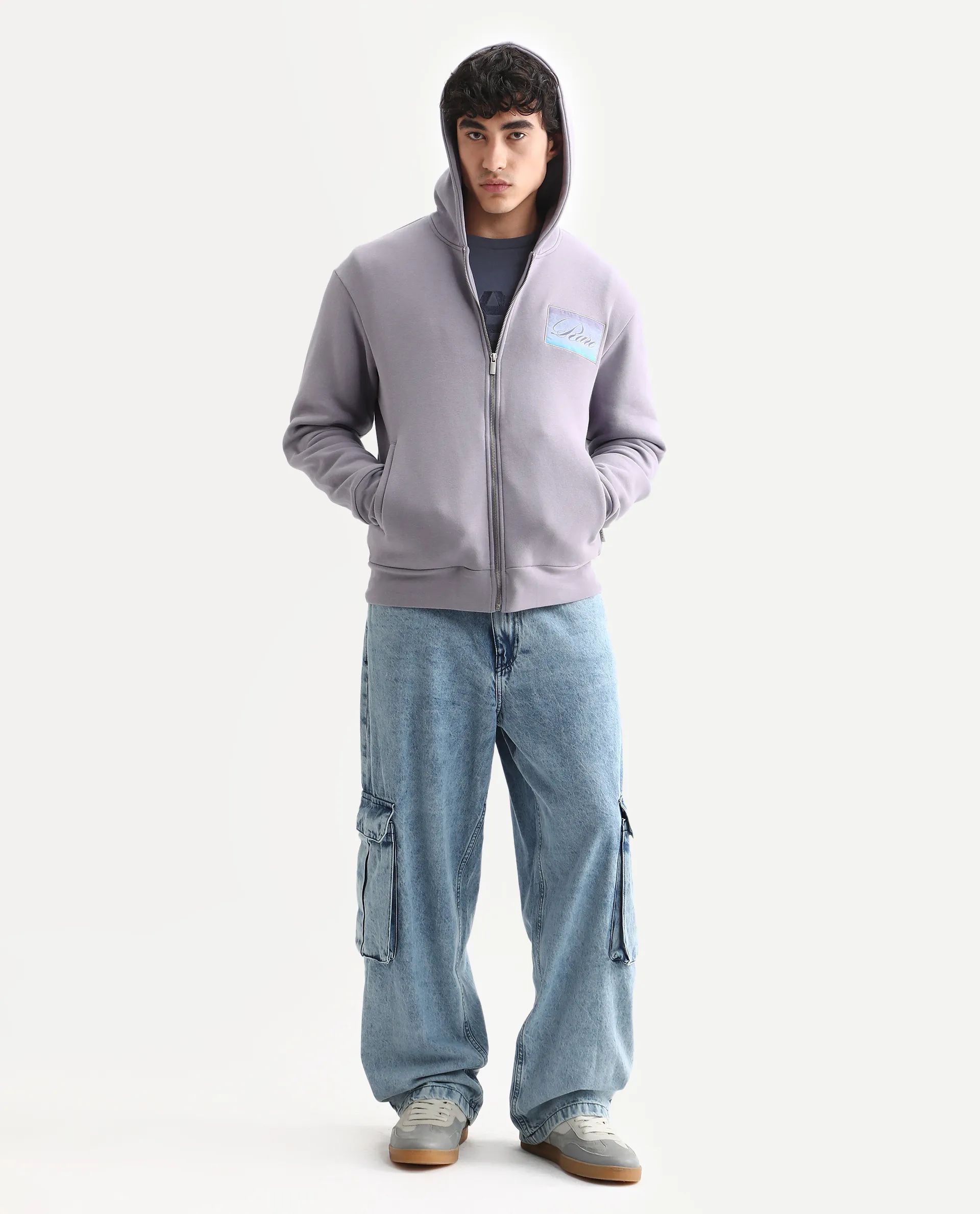 Rare Rabbit Men's Bien Dusky Purple Cotton Blend Fabric Full Sleeves Hooded Zipper Closure Label Print Sweatshirt - Image 5