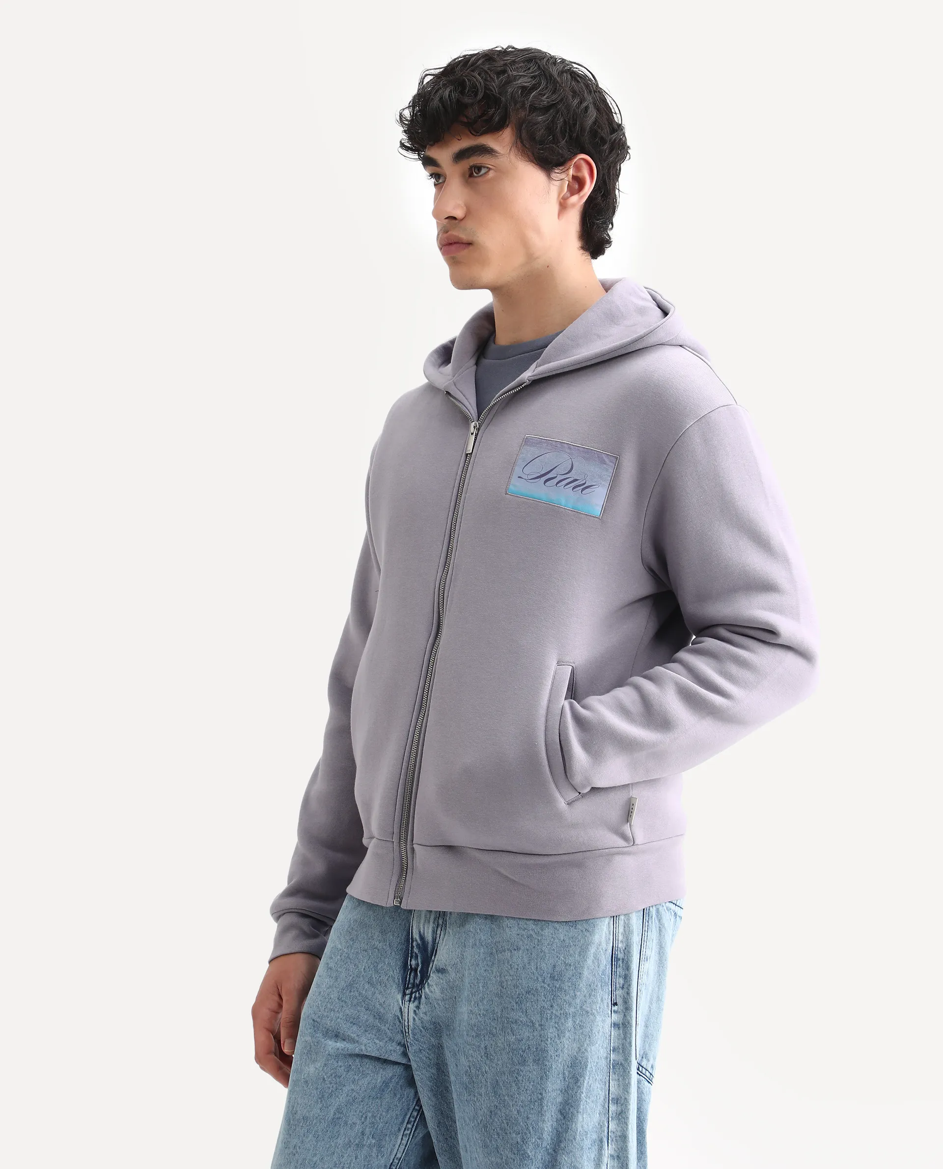 Rare Rabbit Men's Bien Dusky Purple Cotton Blend Fabric Full Sleeves Hooded Zipper Closure Label Print Sweatshirt - Image 6