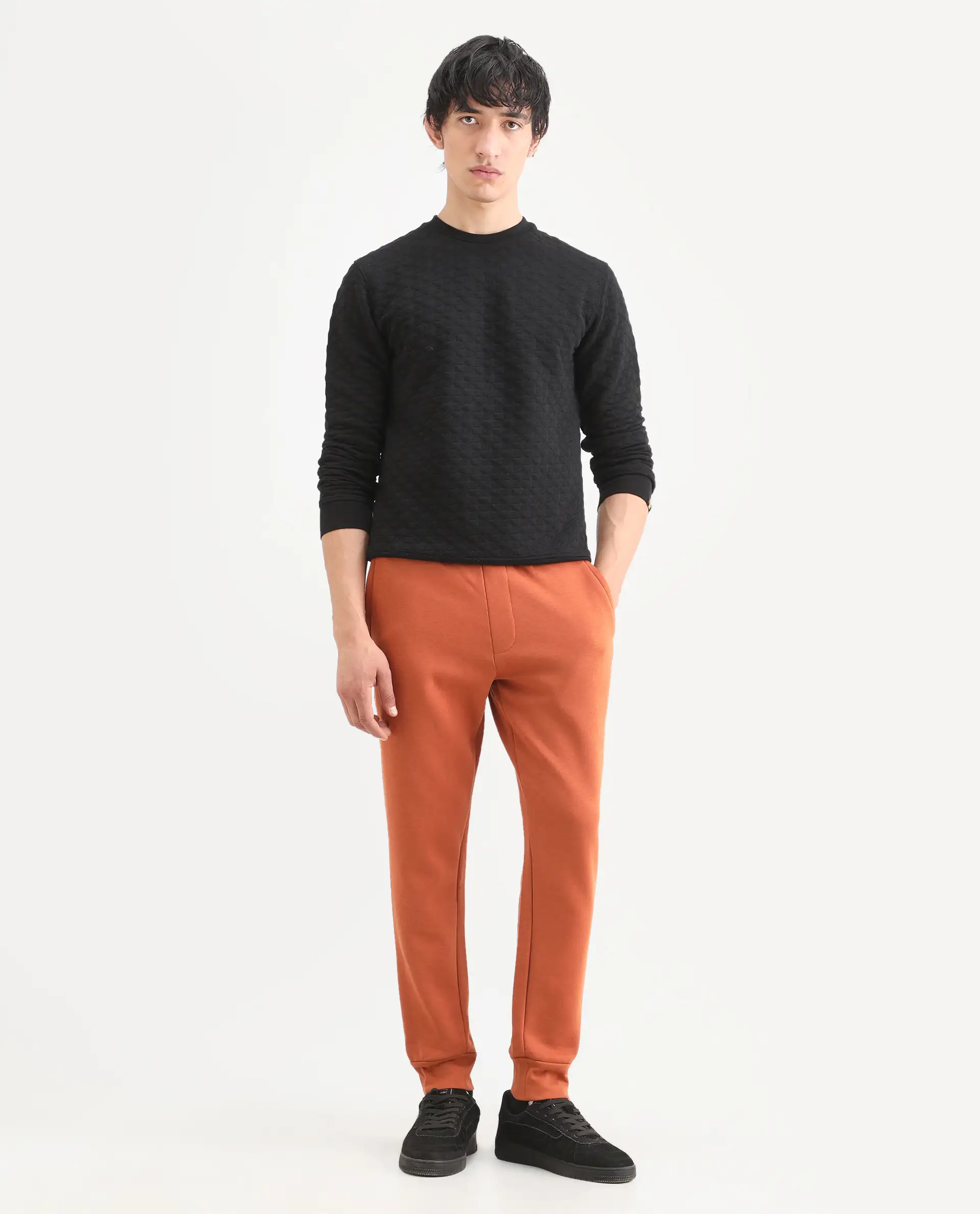 Rare Rabbit Men's Bifrost Rust Cotton Plain Regular Fit Joggers - Image 2