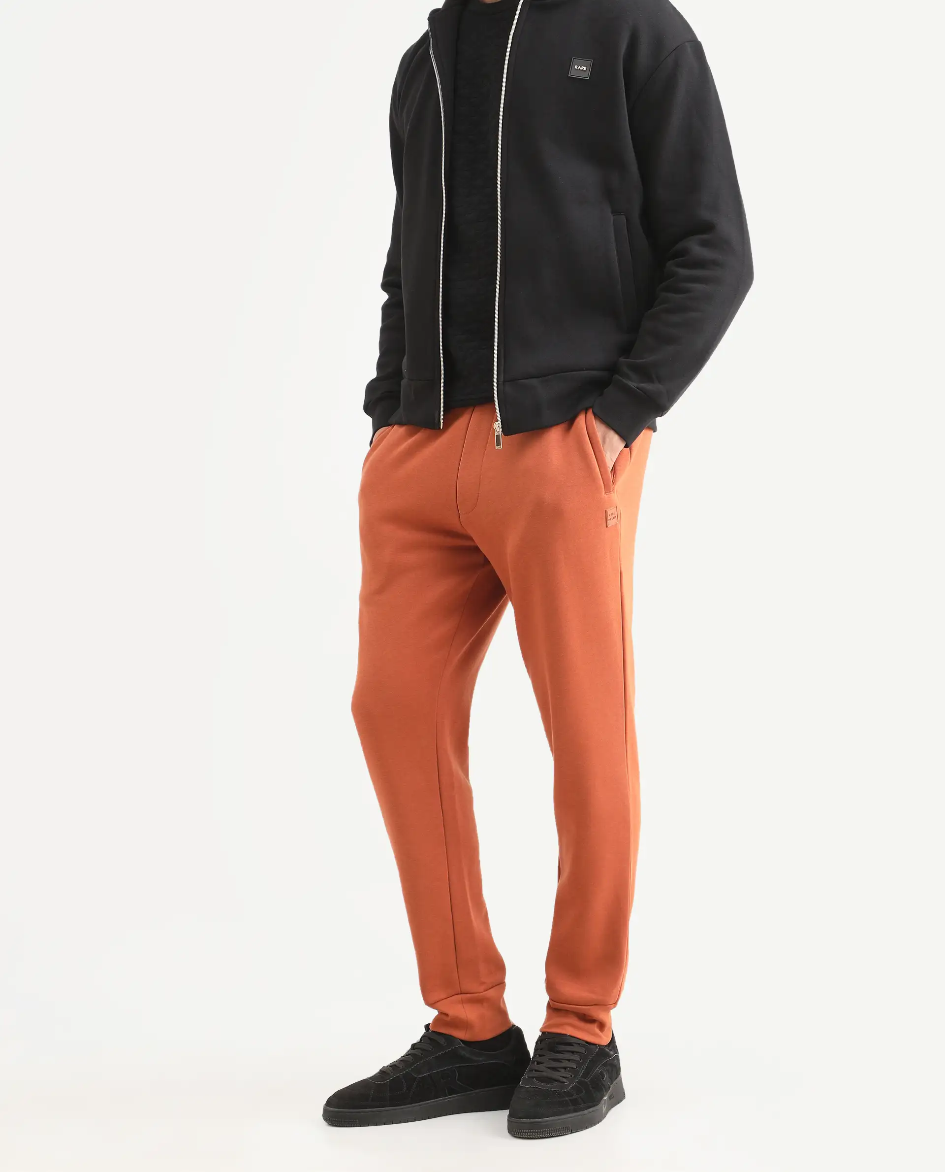 Rare Rabbit Men's Bifrost Rust Cotton Plain Regular Fit Joggers - Image 3