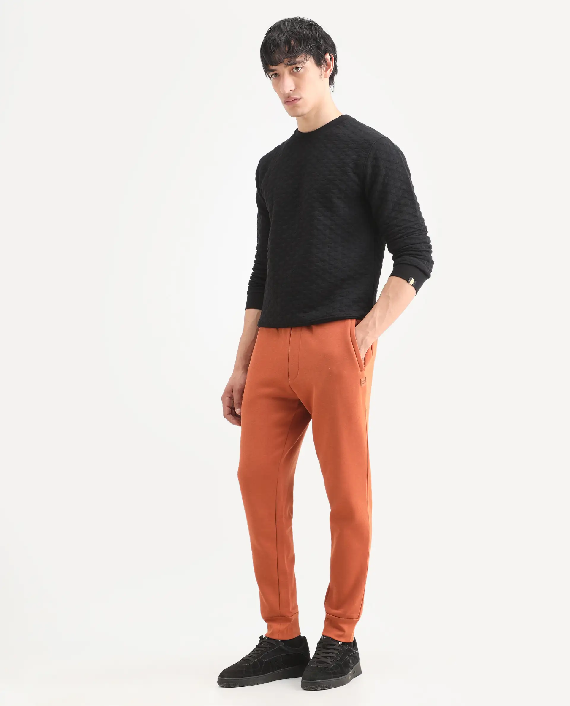 Rare Rabbit Men's Bifrost Rust Cotton Plain Regular Fit Joggers - Image 5