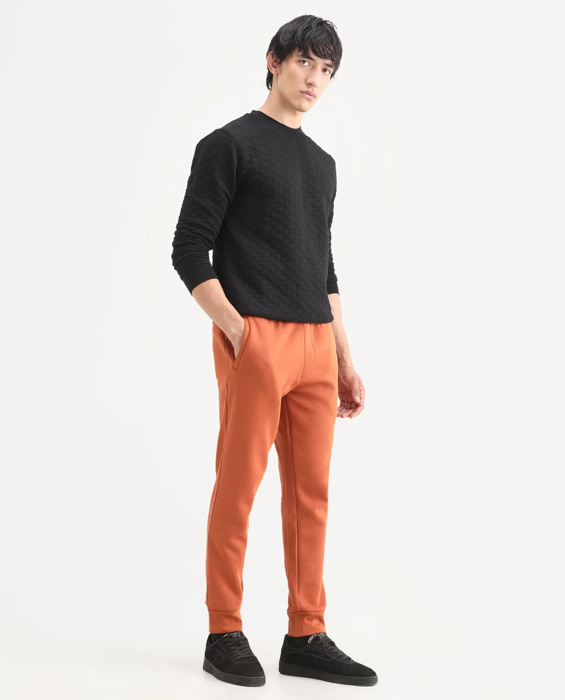 Rare Rabbit Men's Bifrost Rust Cotton Plain Regular Fit Joggers - Image 6