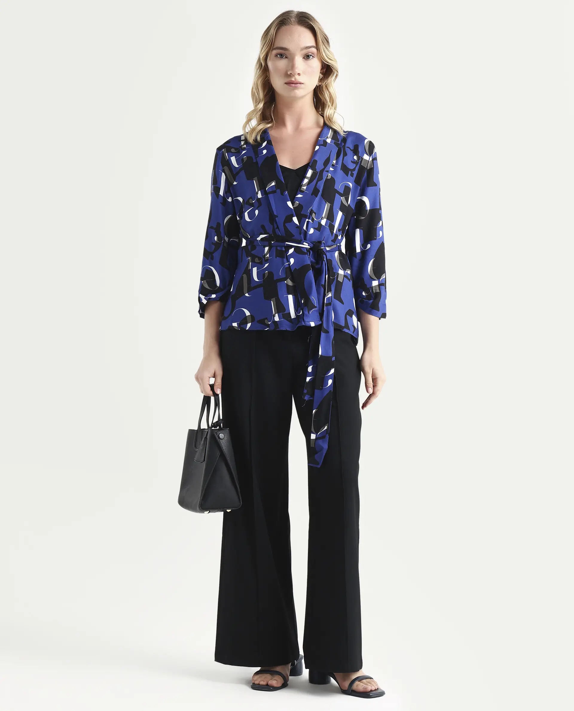 Rareism Women's Billie Blue Viscose Collarless Monogram Print Regular Fit Shrug - Image 2