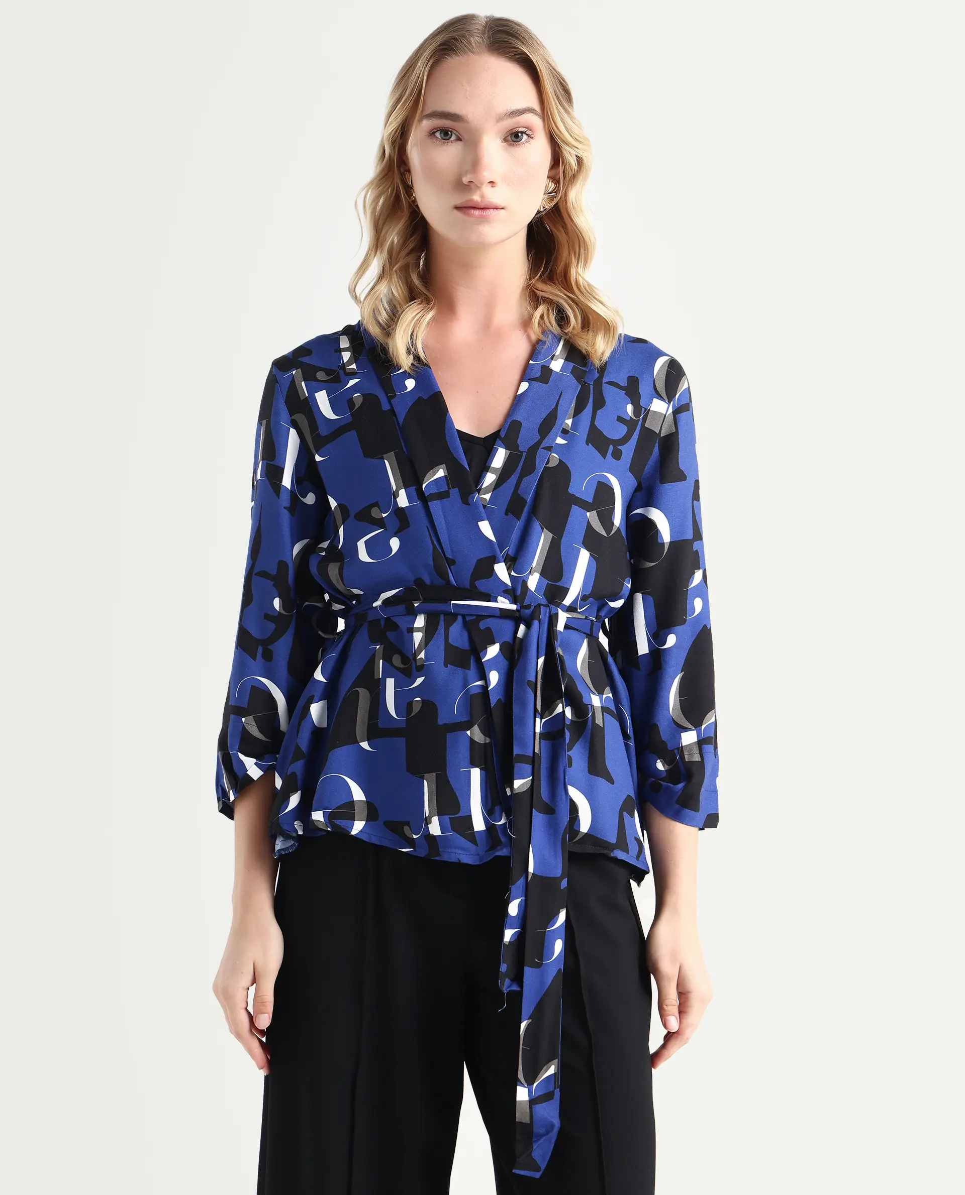 Rareism Women's Billie Blue Viscose Collarless Monogram Print Regular Fit Shrug - Image 3