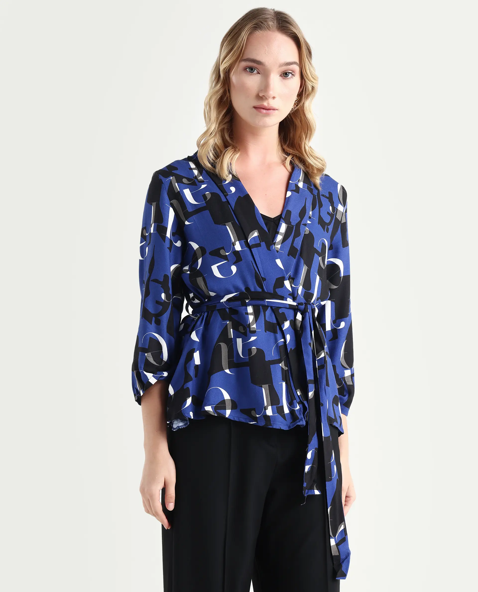 Rareism Women's Billie Blue Viscose Collarless Monogram Print Regular Fit Shrug - Image 6