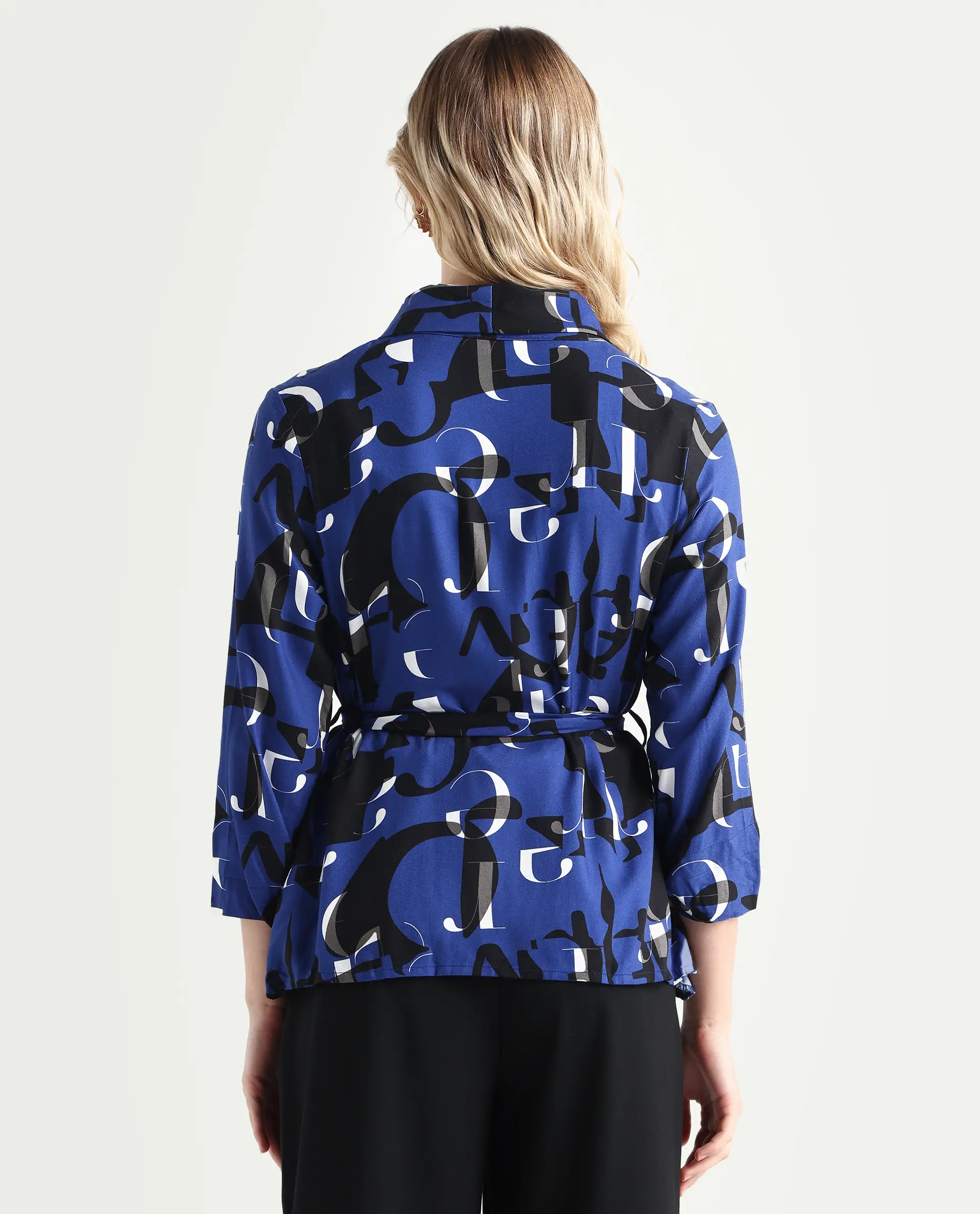 Rareism Women's Billie Blue Viscose Collarless Monogram Print Regular Fit Shrug - Image 7