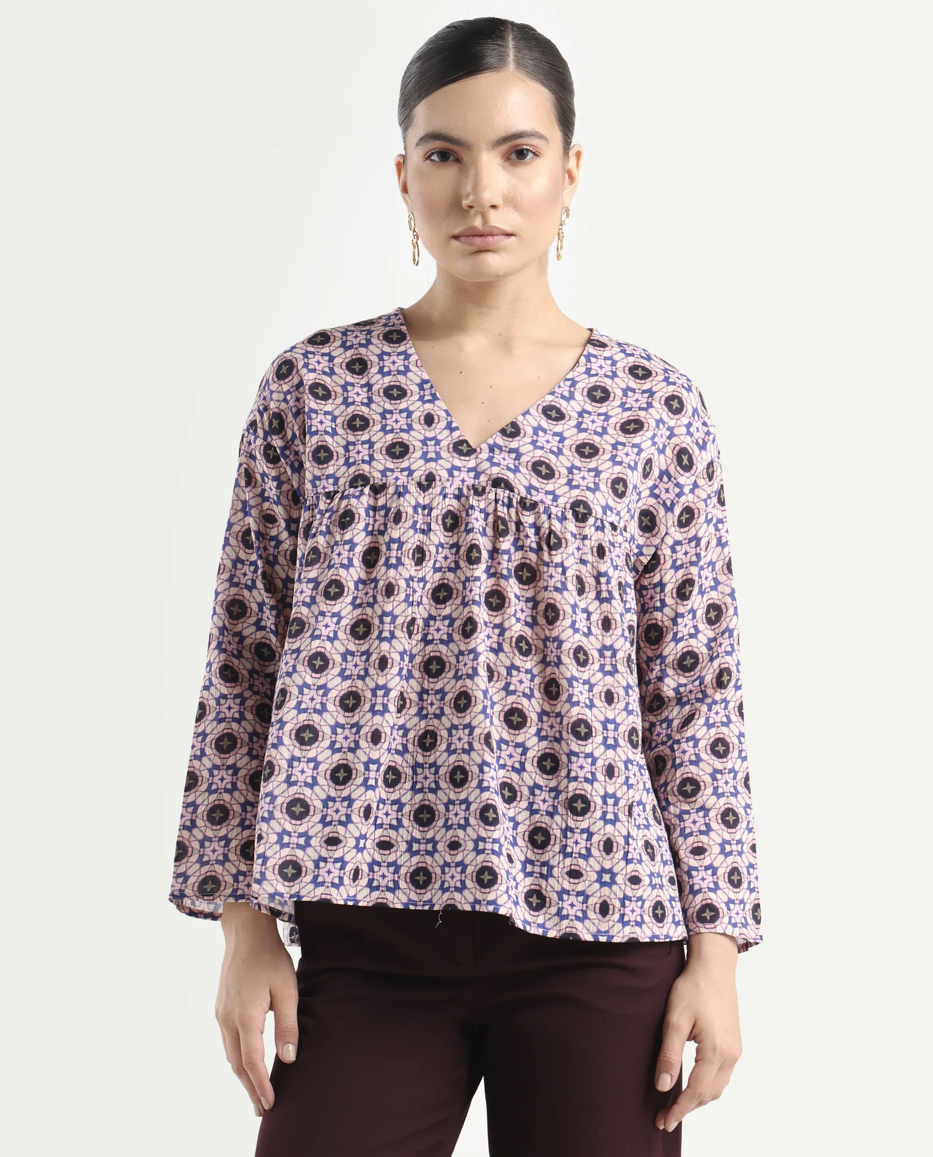 Rareism Women's Bina-T Multi Cotton Blend V-Neck Paisley Print Regular Fit Top - Image 3