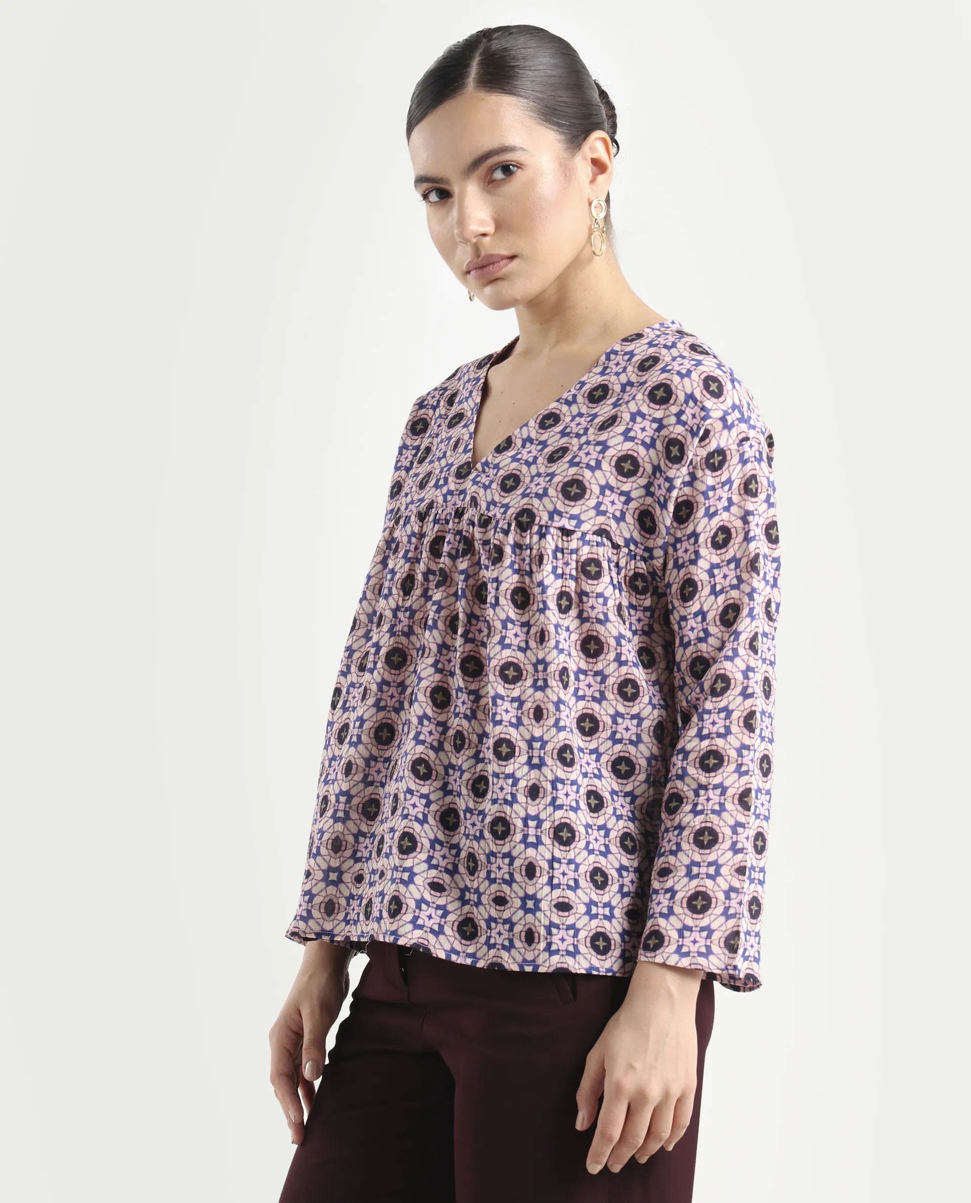 Rareism Women's Bina-T Multi Cotton Blend V-Neck Paisley Print Regular Fit Top - Image 5