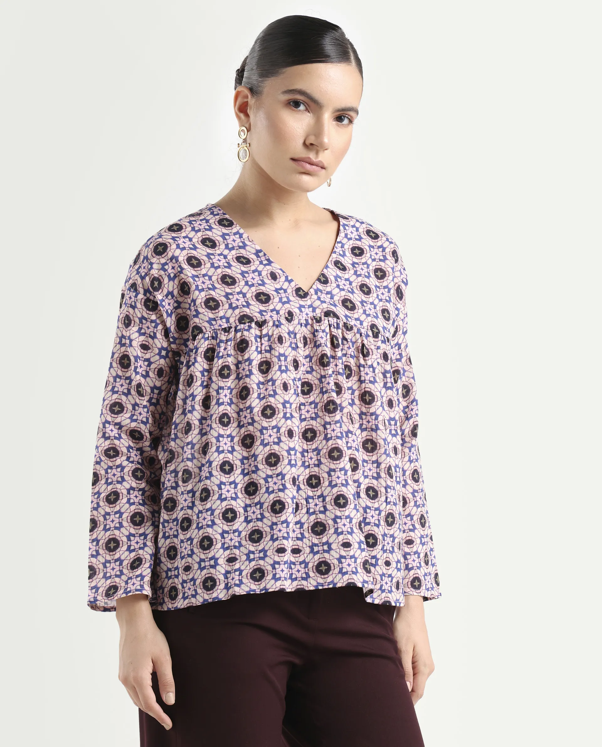 Rareism Women's Bina-T Multi Cotton Blend V-Neck Paisley Print Regular Fit Top - Image 6