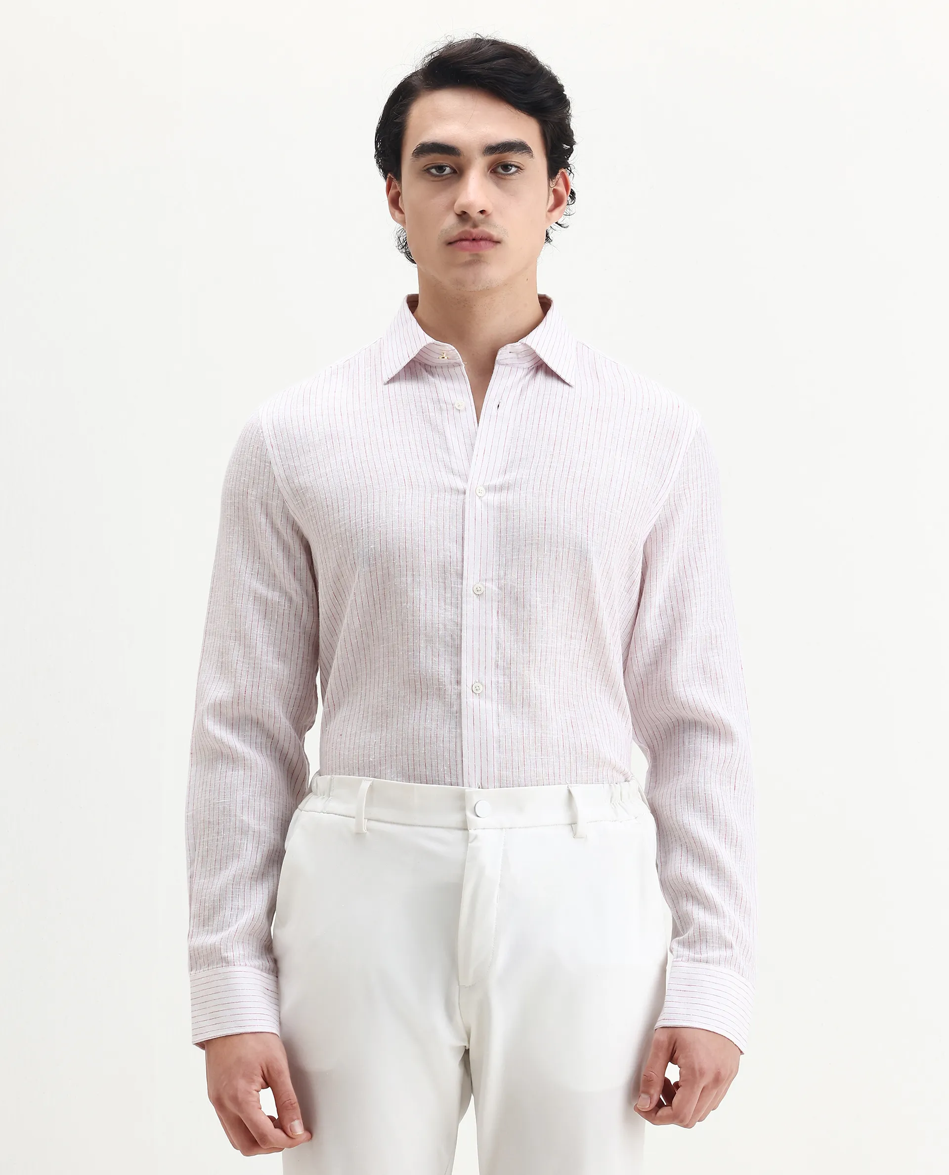 Rare Rabbit Men's Binc Pink Linen Blend Fabric Full Sleeve Spread Collar Regular Fit Striped Shirt - Image 4