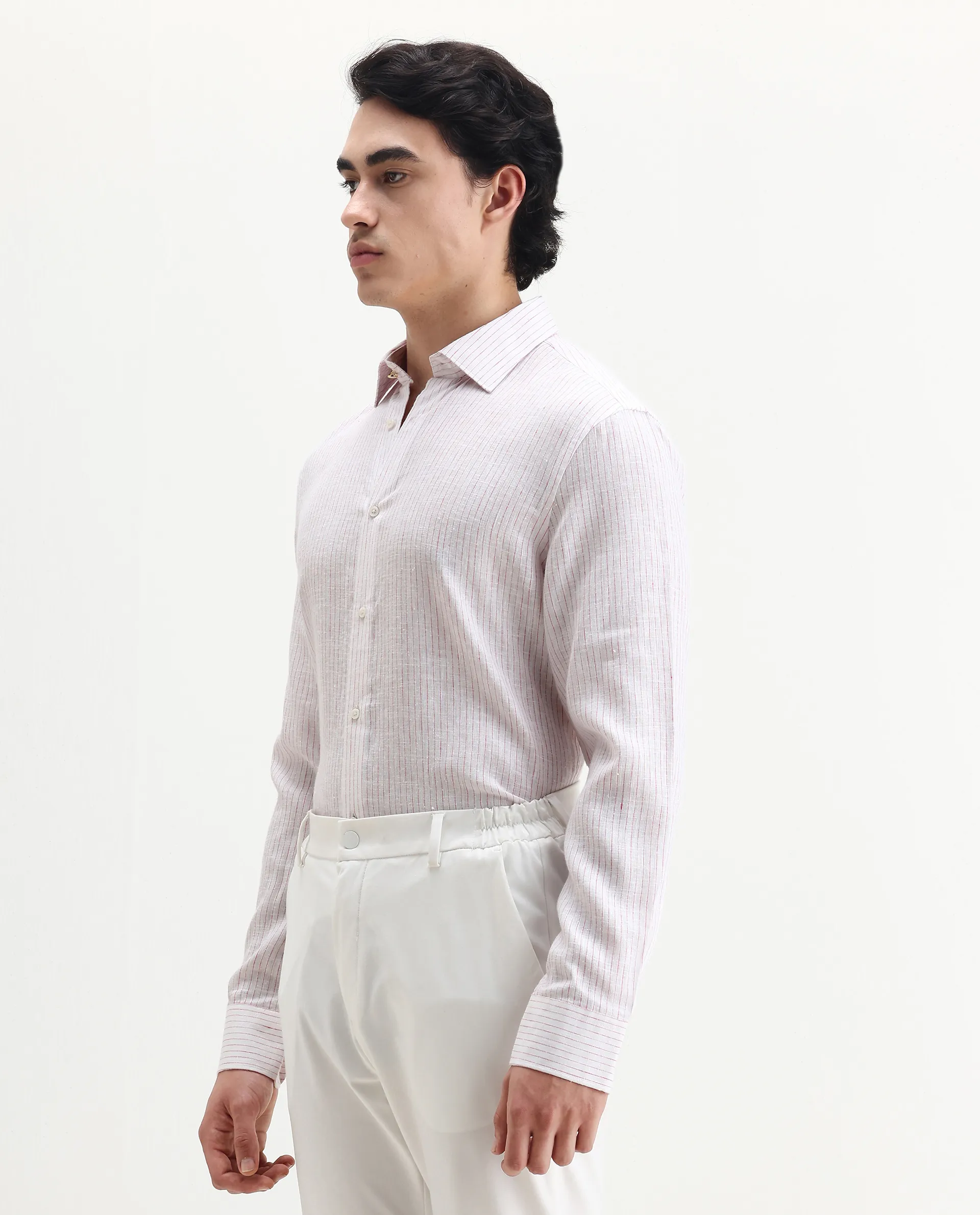 Rare Rabbit Men's Binc Pink Linen Blend Fabric Full Sleeve Spread Collar Regular Fit Striped Shirt - Image 5