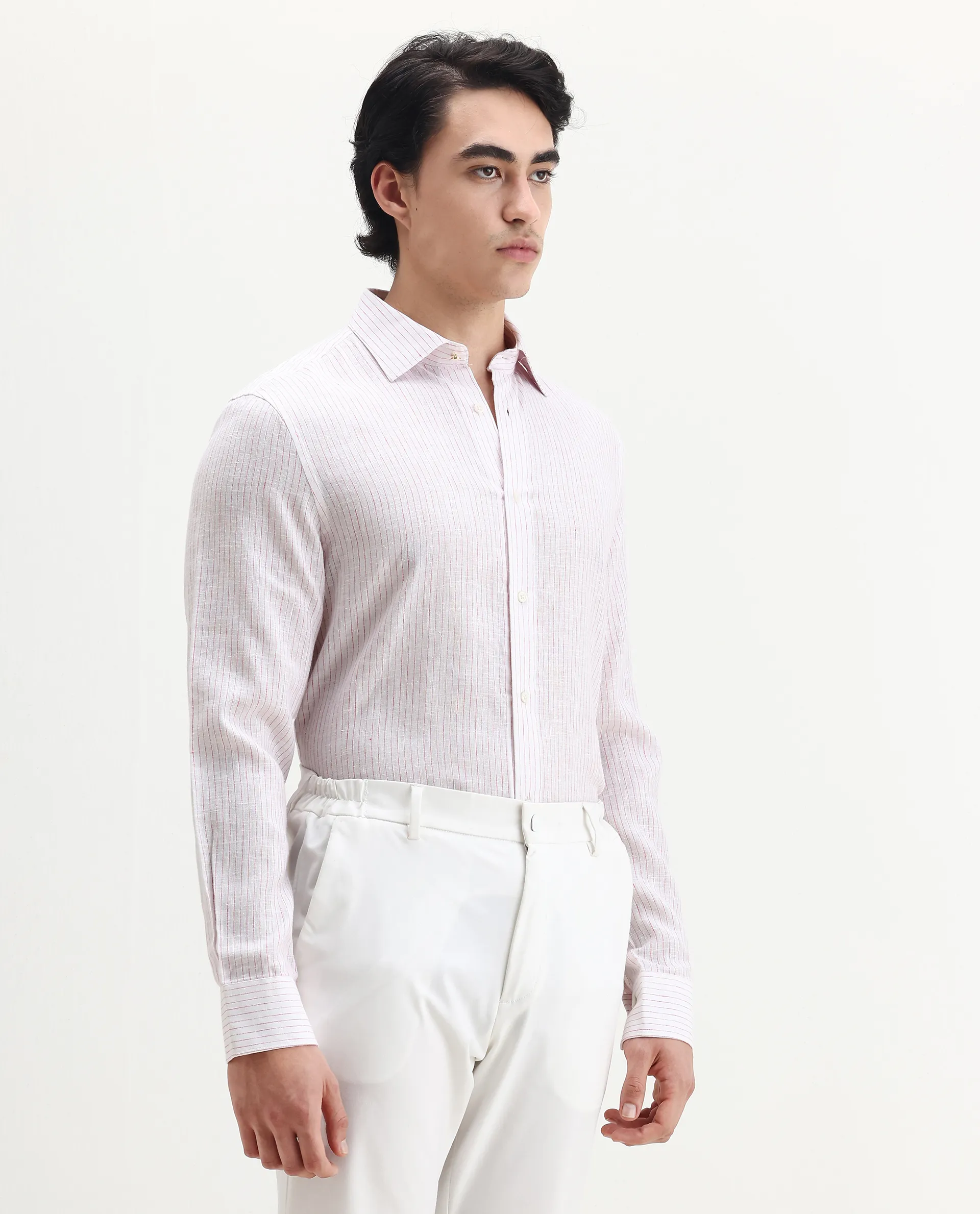 Rare Rabbit Men's Binc Pink Linen Blend Fabric Full Sleeve Spread Collar Regular Fit Striped Shirt - Image 6