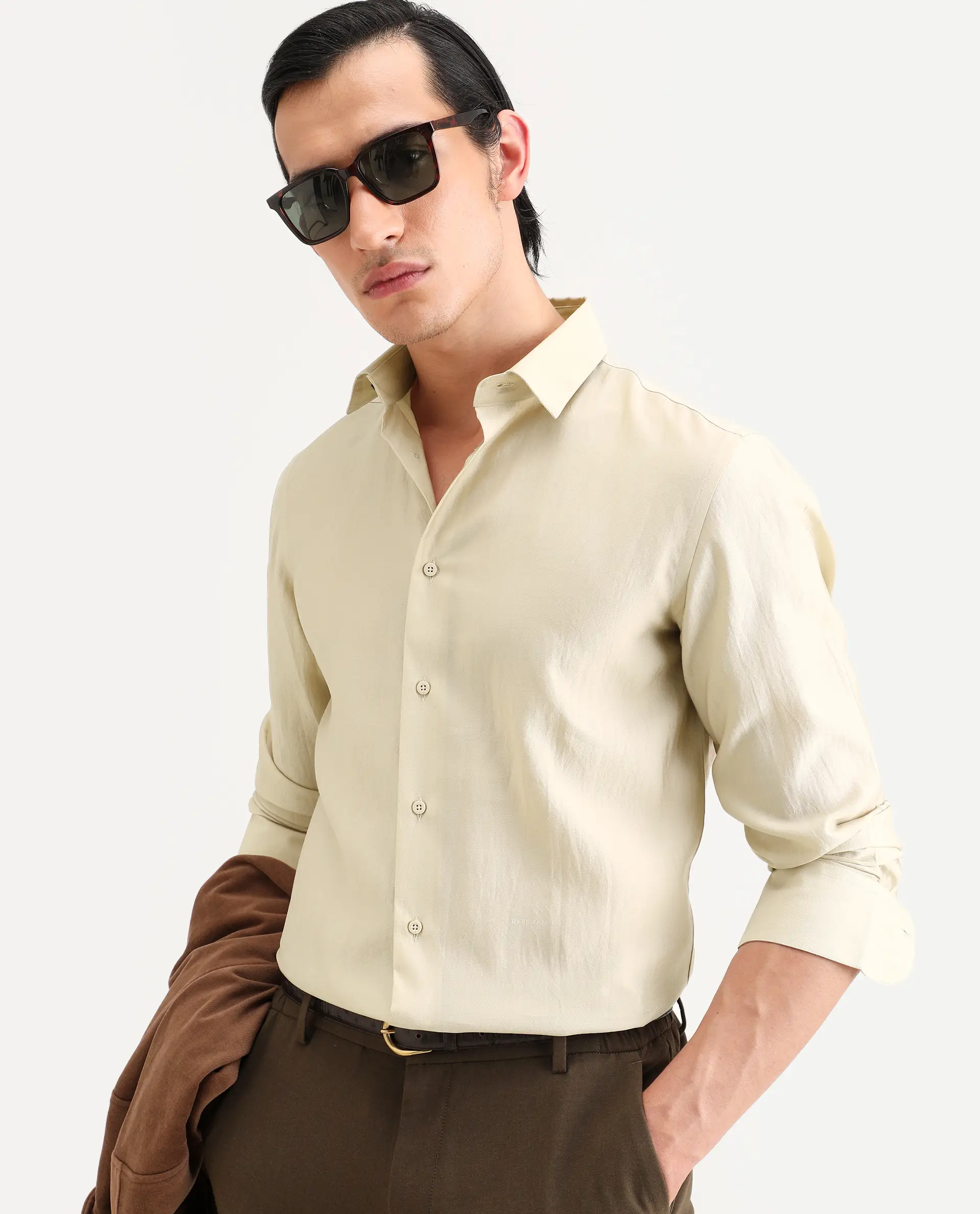 Rare Rabbit Men's Bind Light Beige Viscose Blend Fabric Full Sleeve Spread Collar Regular Fit Plain Shirt